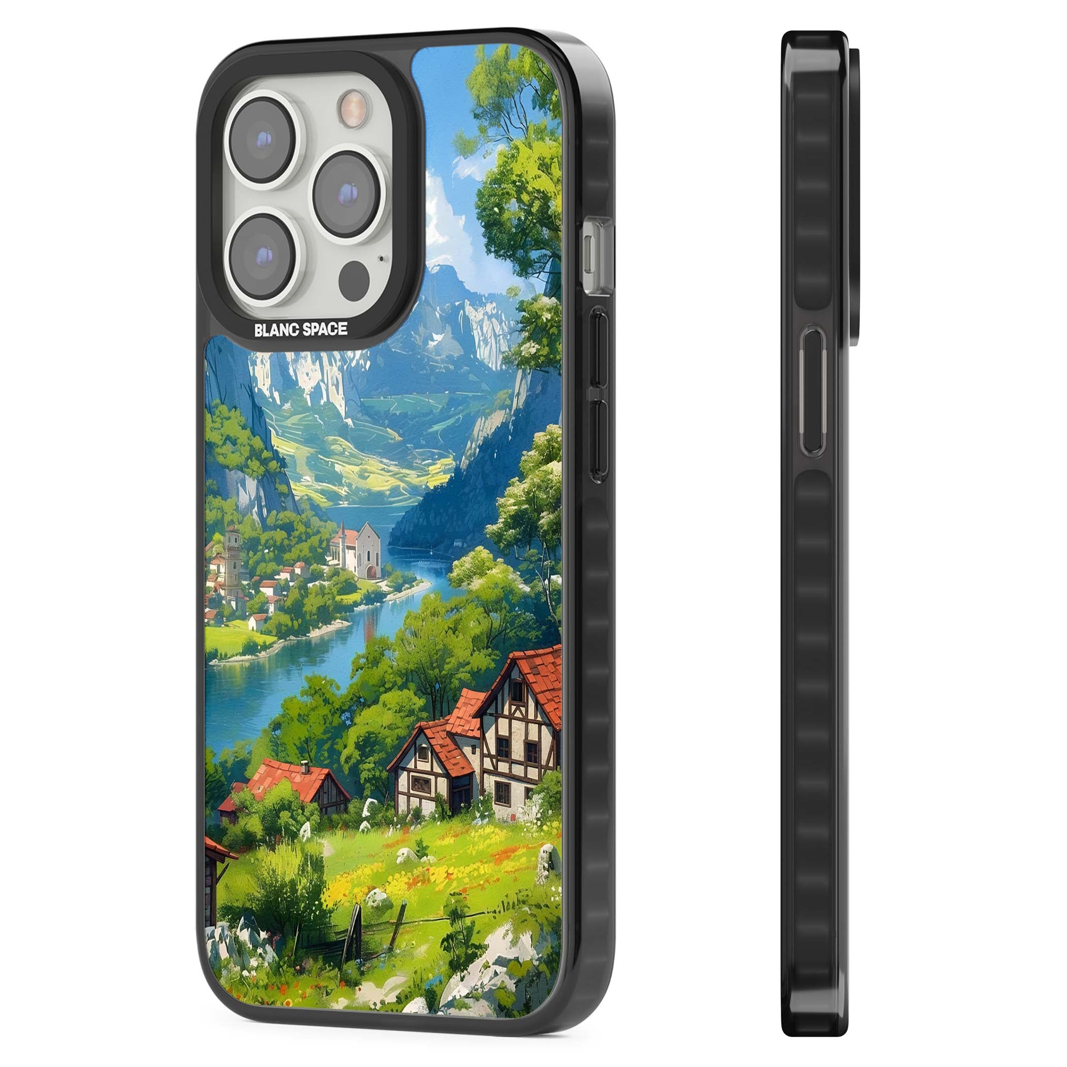 Village In The Valley anime iPhone case featuring a painted mountain village, river valley and half-timbered cottages. | Black Impact case for iPhone 13 Pro, iPhone 14 Pro, iPhone 15 Pro