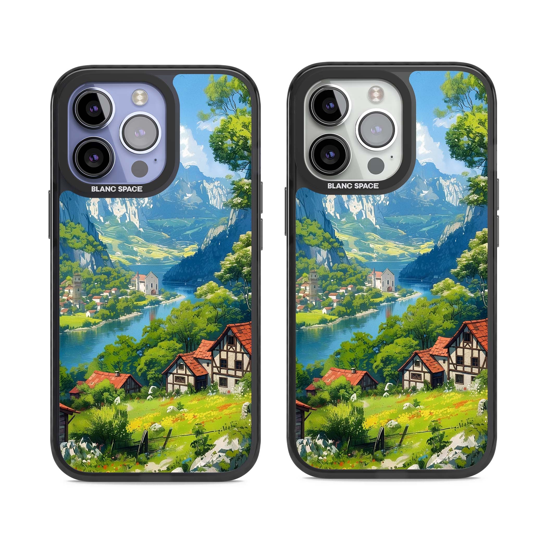 Village In The Valley anime iPhone case featuring a painted mountain village, river valley and half-timbered cottages. | Black Impact case for iPhone 13 Pro, iPhone 14 Pro, iPhone 15 Pro
