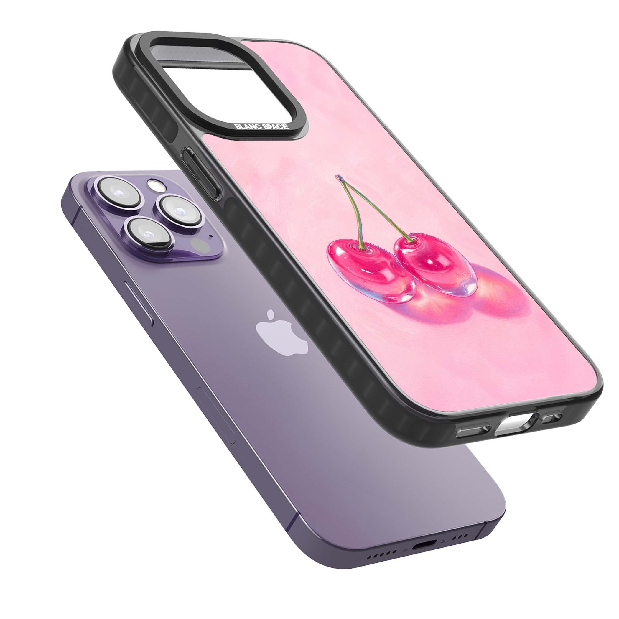 Pink Glass Cherry coquette iPhone case featuring two glossy painted cherries on a soft pink background | Black Impact case for iPhone 13 Pro, iPhone 14 Pro, iPhone 15 Pro