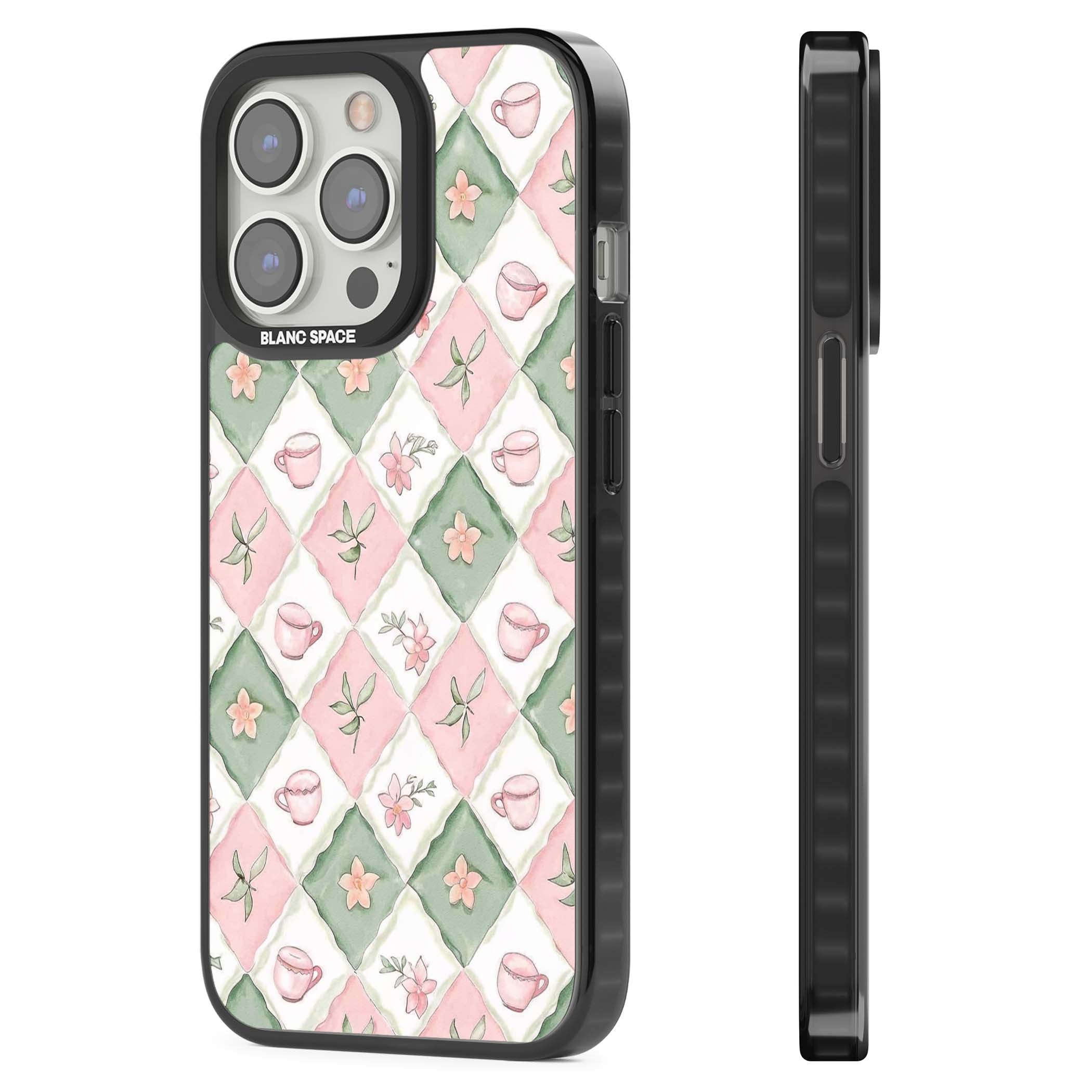 Garden Tea Party coquette iPhone case with pink and green checkered pattern, watercolour teacups and wildflowers | Black Impact case for iPhone 13 Pro, iPhone 14 Pro, iPhone 15 Pro