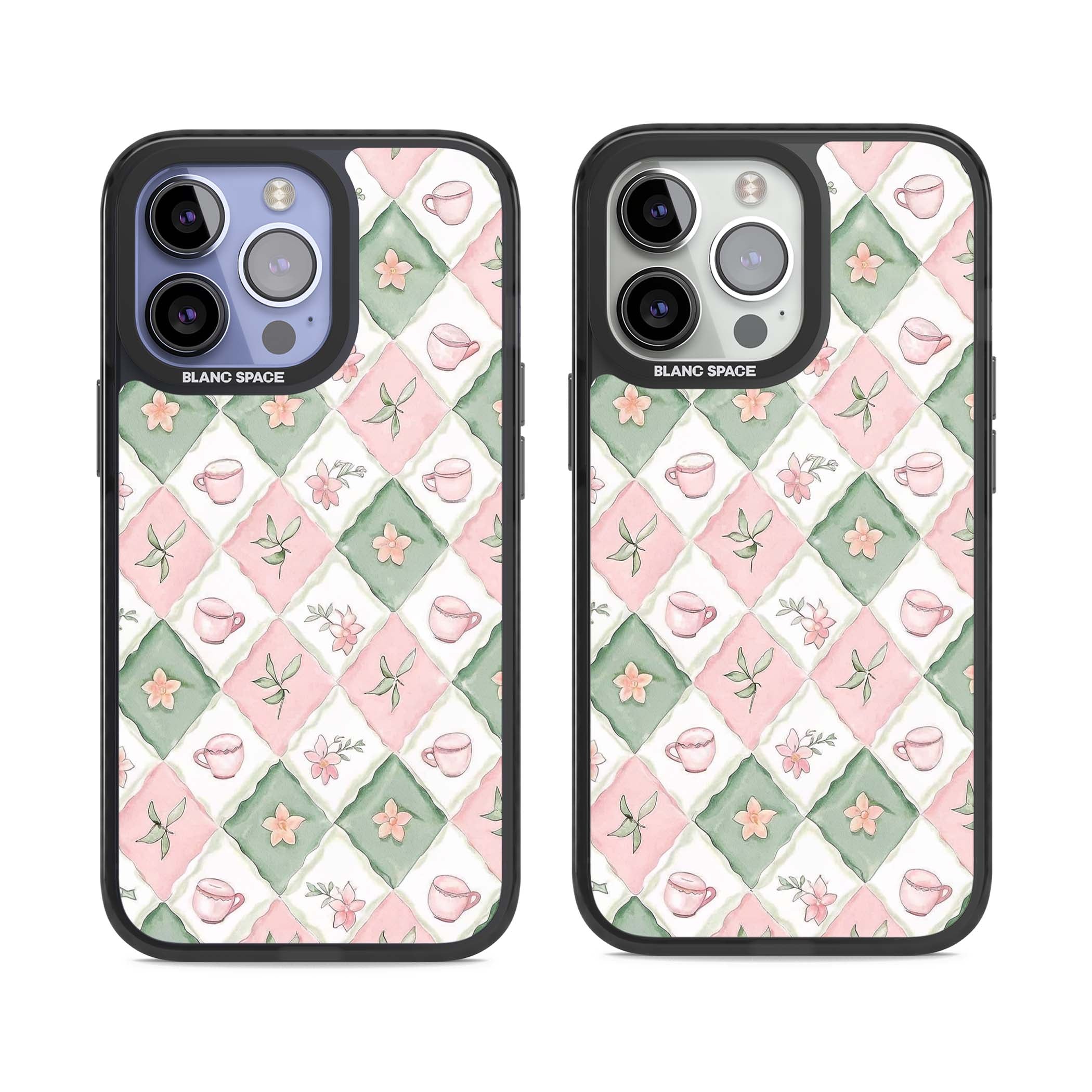 Garden Tea Party coquette iPhone case with pink and green checkered pattern, watercolour teacups and wildflowers | Black Impact case for iPhone 13 Pro, iPhone 14 Pro, iPhone 15 Pro