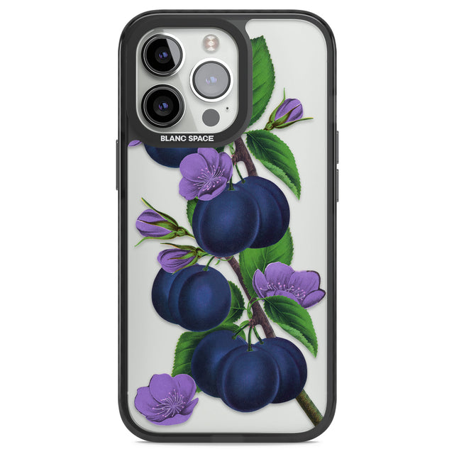 Vintage Painted Plums Black Impact Phone Case for iPhone 13 Pro, iPhone 14 Pro, iPhone 15 Pro