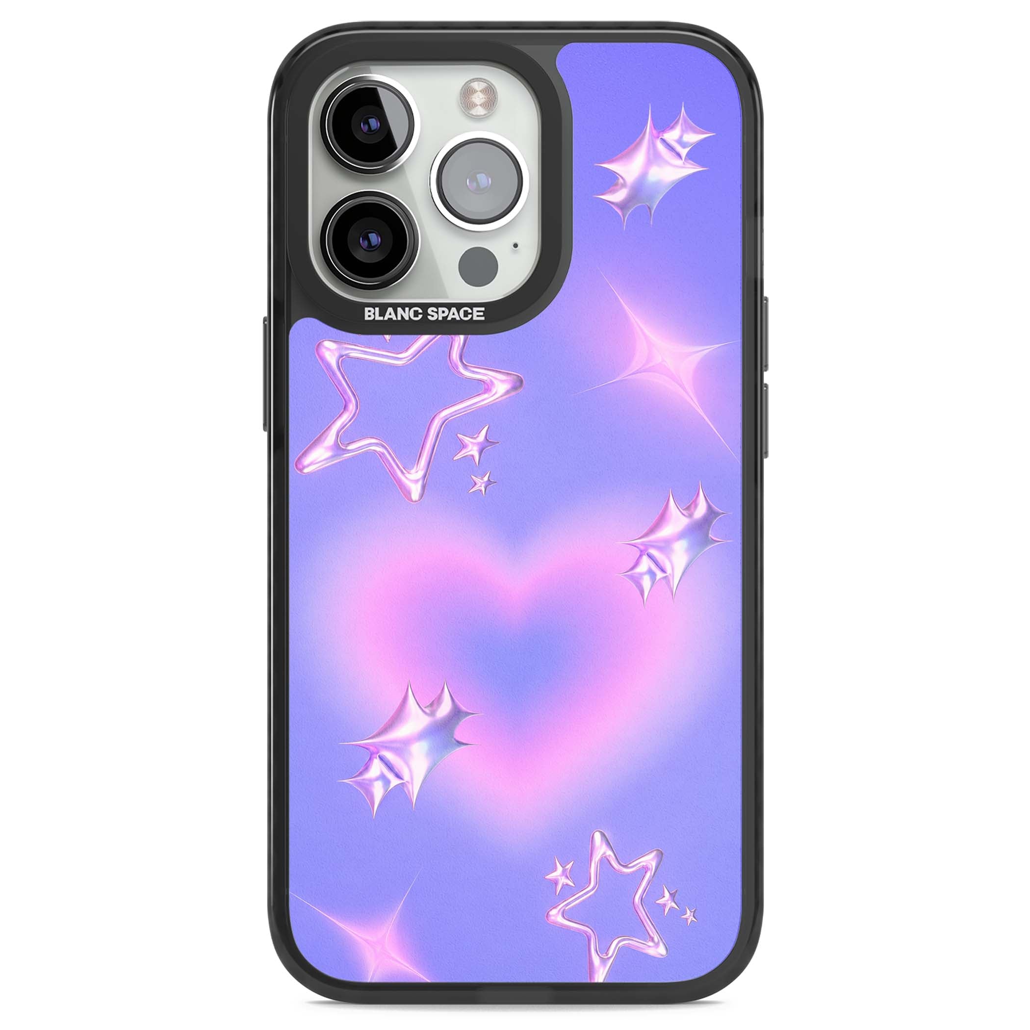 Soft Sugar Y2K iPhone case featuring iridescent chrome hearts, metallic pink stars and a lavender gradient sky | Black Impact case for iPhone 13 Pro, iPhone 14 Pro, iPhone 15 Pro