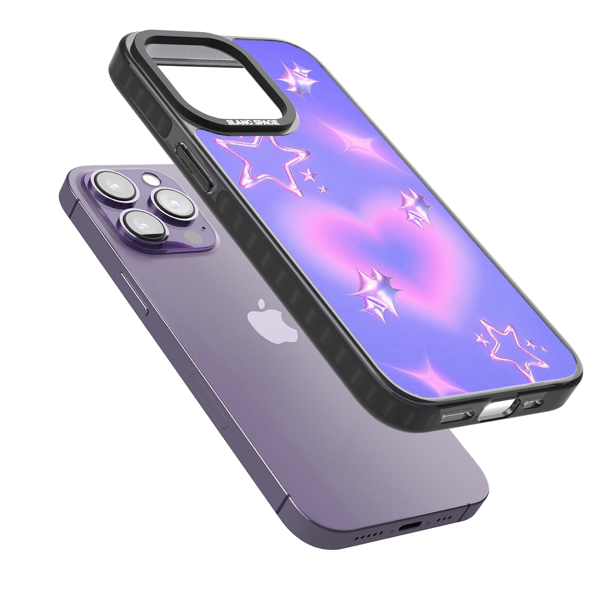 Soft Sugar Y2K iPhone case featuring iridescent chrome hearts, metallic pink stars and a lavender gradient sky | Black Impact case for iPhone 13 Pro, iPhone 14 Pro, iPhone 15 Pro