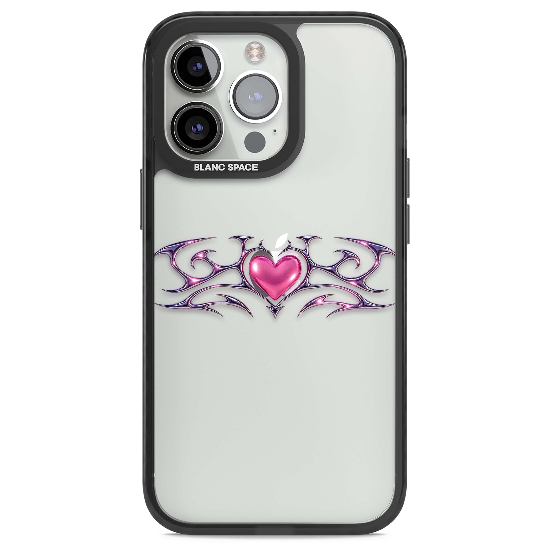 Pink Chrome Heart y2k iPhone case | Black Impact case for iPhone 13 Pro, iPhone 14 Pro, iPhone 15 Pro