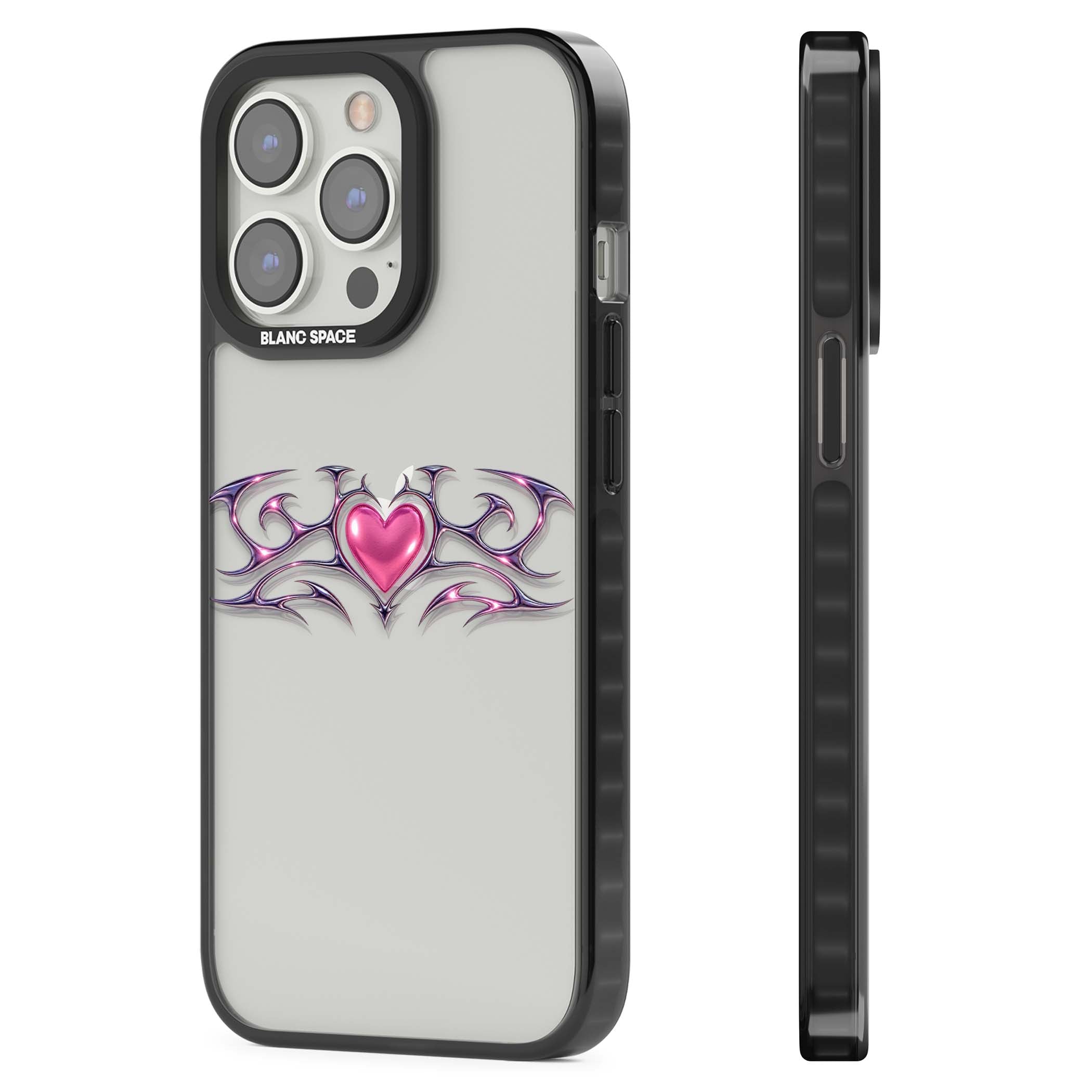 Pink Chrome Heart y2k iPhone case | Black Impact case for iPhone 13 Pro, iPhone 14 Pro, iPhone 15 Pro