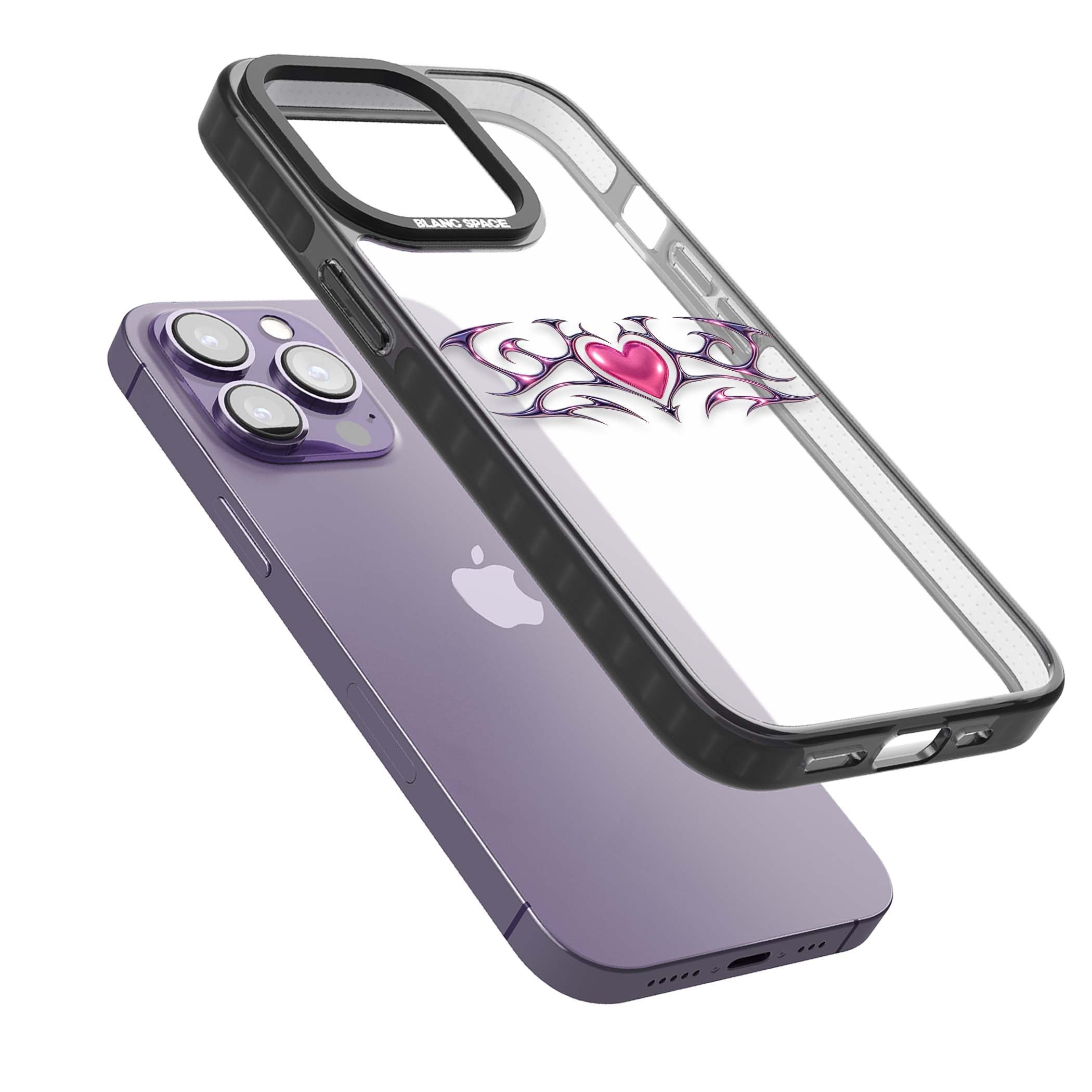 Pink Chrome Heart y2k iPhone case | Black Impact case for iPhone 13 Pro, iPhone 14 Pro, iPhone 15 Pro