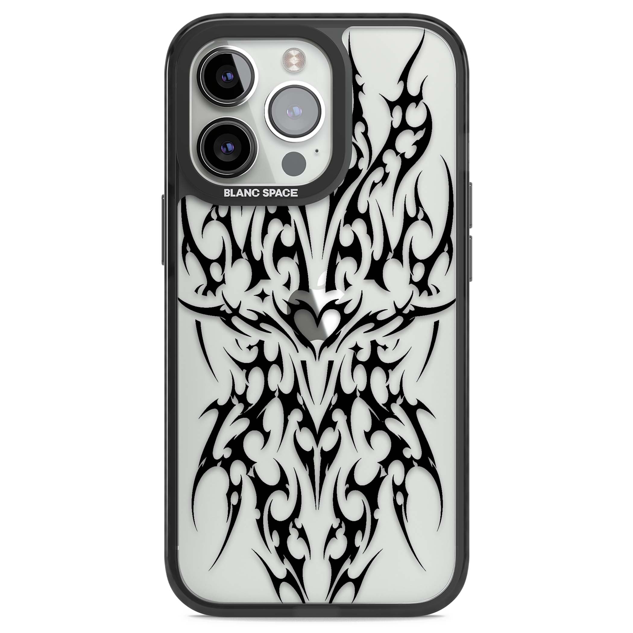 Neo Tribal Heart gothic iPhone case featuring symmetrical black tribal tattoo art with sharp thorn-like linework | Black Impact case for iPhone 13 Pro, iPhone 14 Pro, iPhone 15 Pro