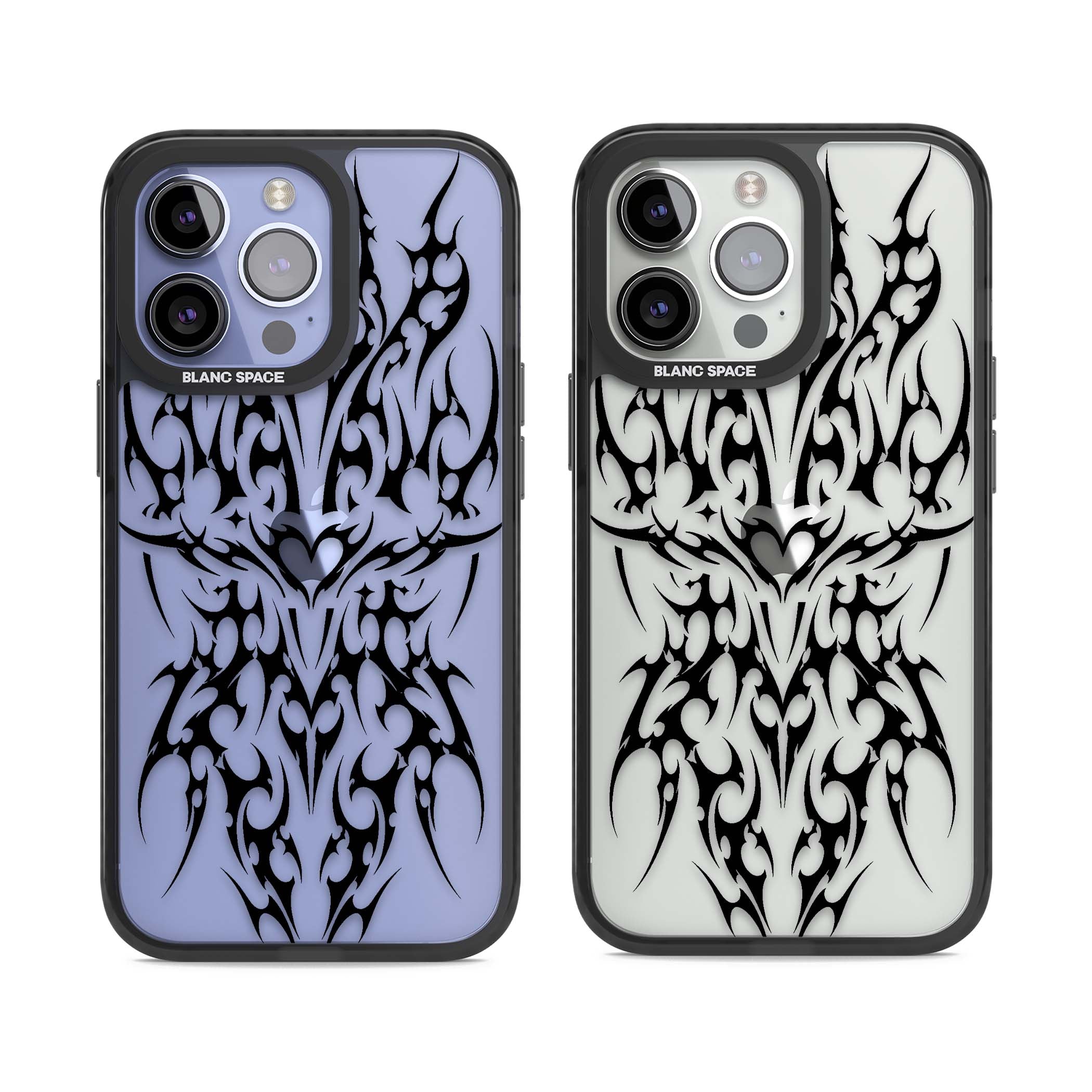 Neo Tribal Heart gothic iPhone case featuring symmetrical black tribal tattoo art with sharp thorn-like linework | Black Impact case for iPhone 13 Pro, iPhone 14 Pro, iPhone 15 Pro