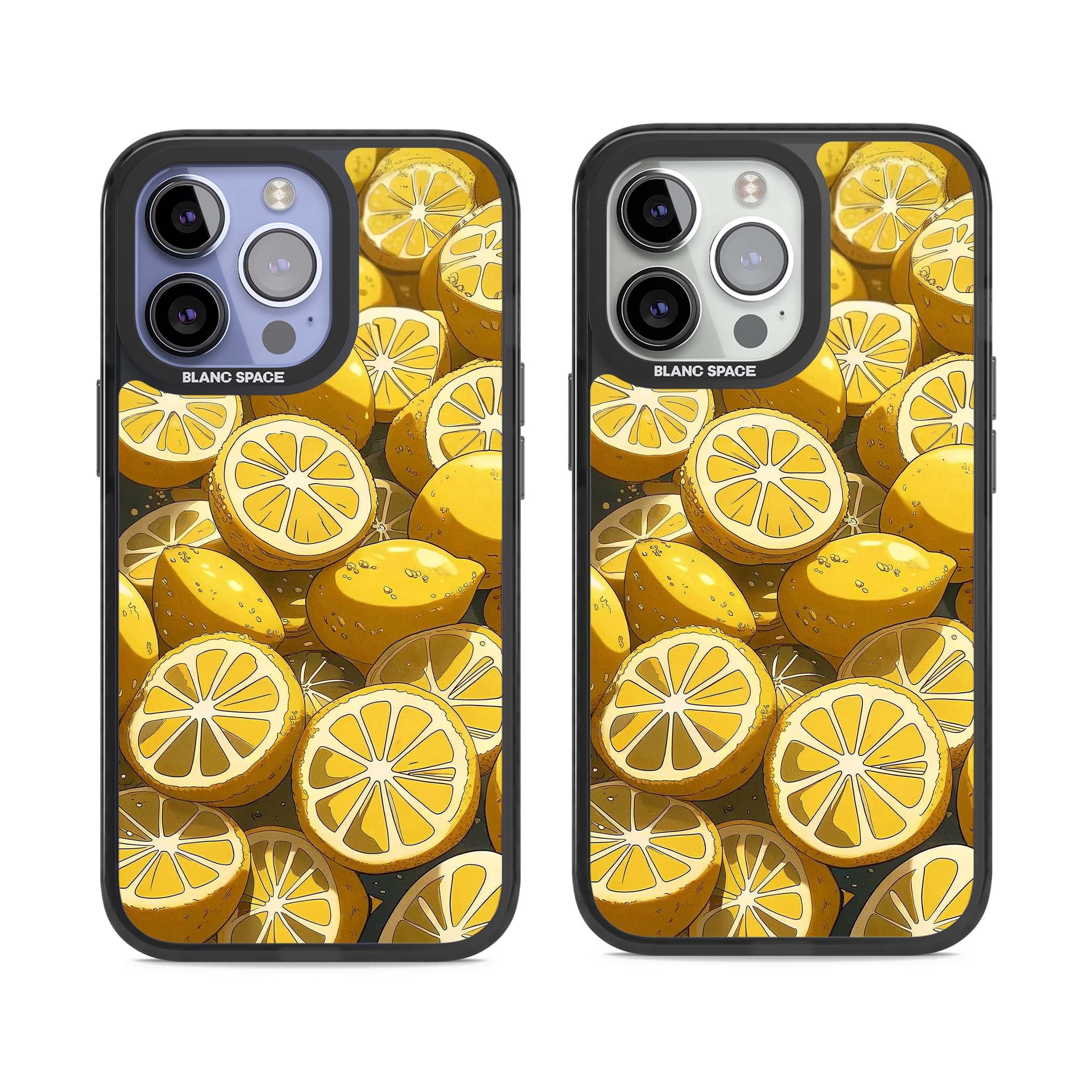 Zesty coastal iPhone case featuring illustrated Mediterranean lemons and citrus slices in golden yellow | Black Impact case for iPhone 13 Pro, iPhone 14 Pro, iPhone 15 Pro