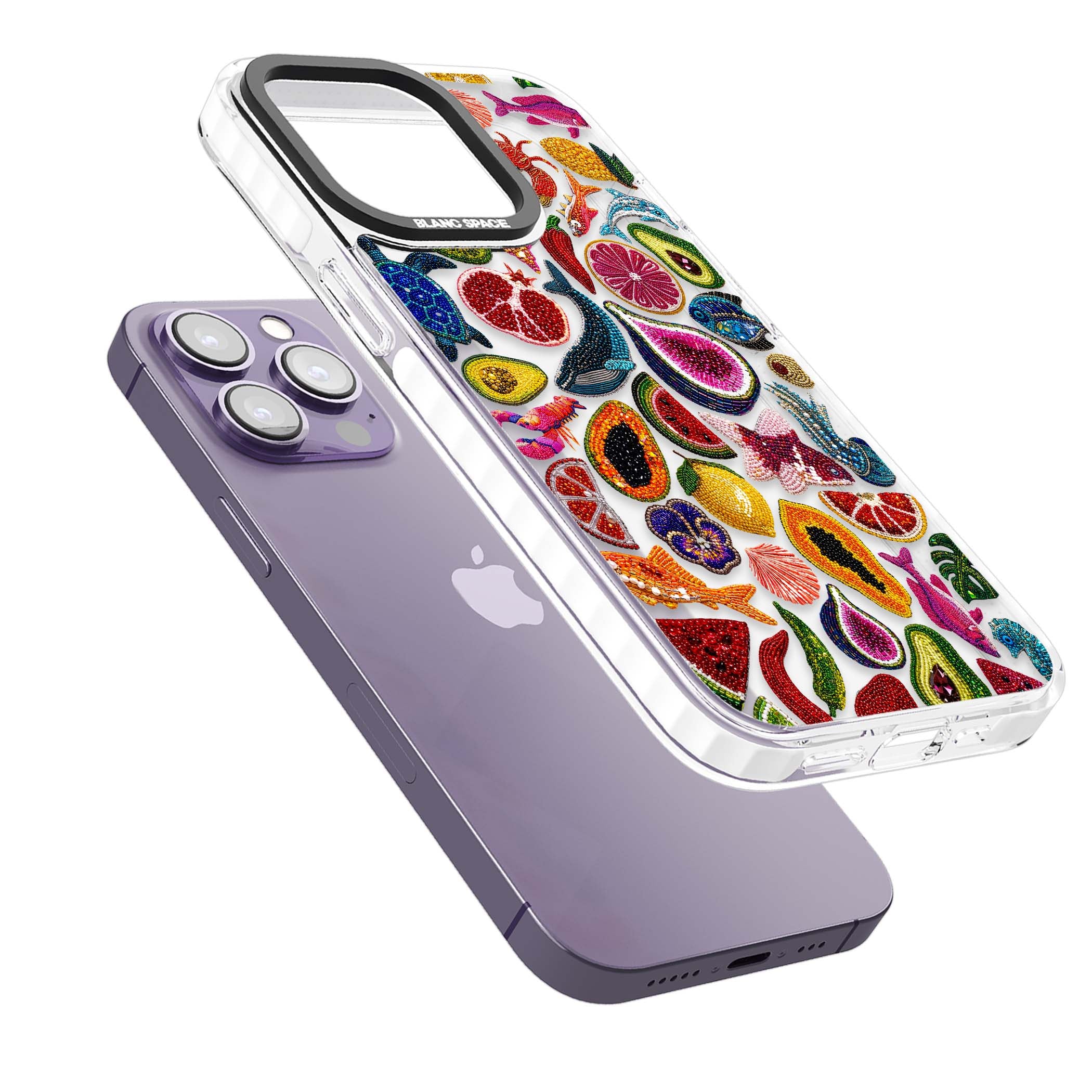 Beaded Tropic tropical iPhone case featuring beaded fruit, fish, crabs and seashells in vibrant colour | Clear Impact case for iPhone 13 Pro, iPhone 14 Pro, iPhone 15 Pro