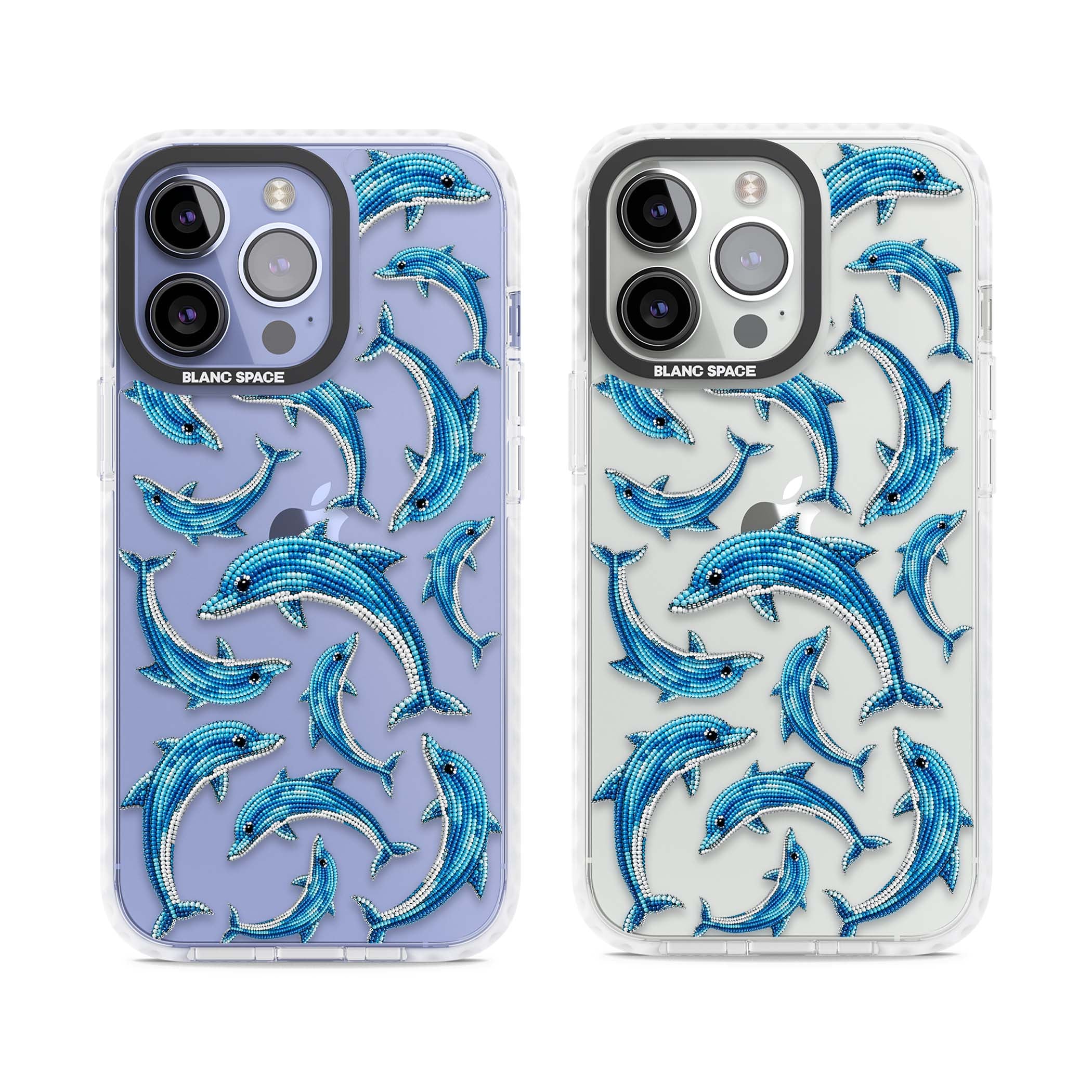 Beaded Dolphins coastal iPhone case featuring beaded dolphins in blue and white swimming across a clear background | Clear Impact case for iPhone 13 Pro, iPhone 14 Pro, iPhone 15 Pro