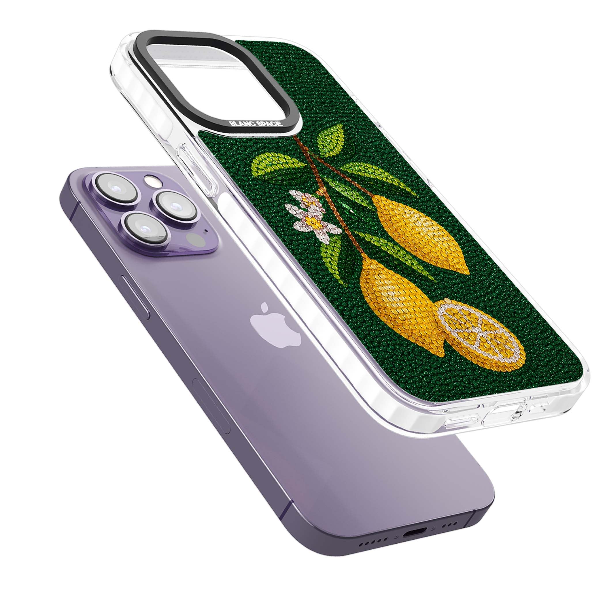 Beaded Lemons coastal iPhone case featuring crystal-beaded lemons, citrus blossom and green leaves on emerald ground | Clear Impact case for iPhone 13 Pro, iPhone 14 Pro, iPhone 15 Pro