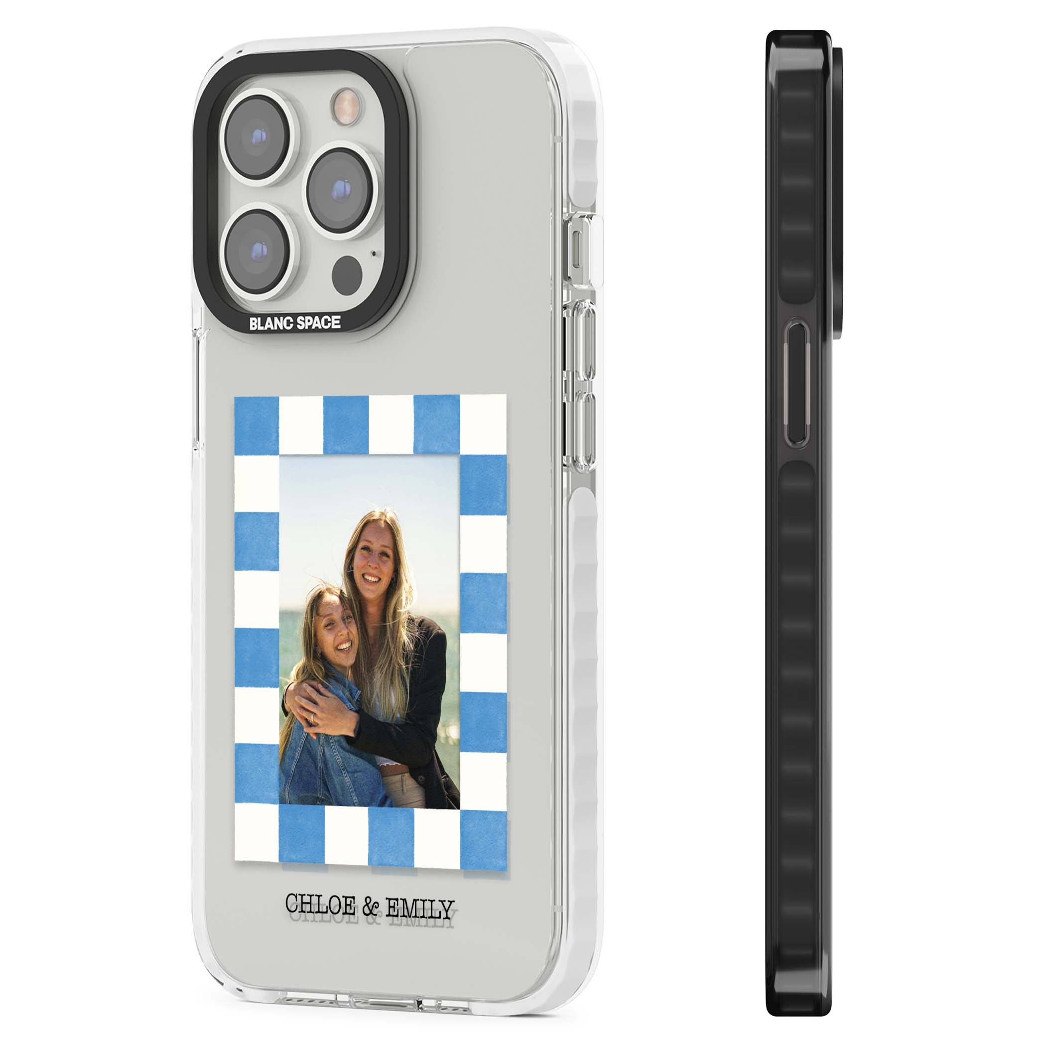 Blue Check Photo personalised photo iPhone case with blue checkered frame and custom couple names | Clear Impact case for iPhone 13 Pro, iPhone 14 Pro, iPhone 15 Pro