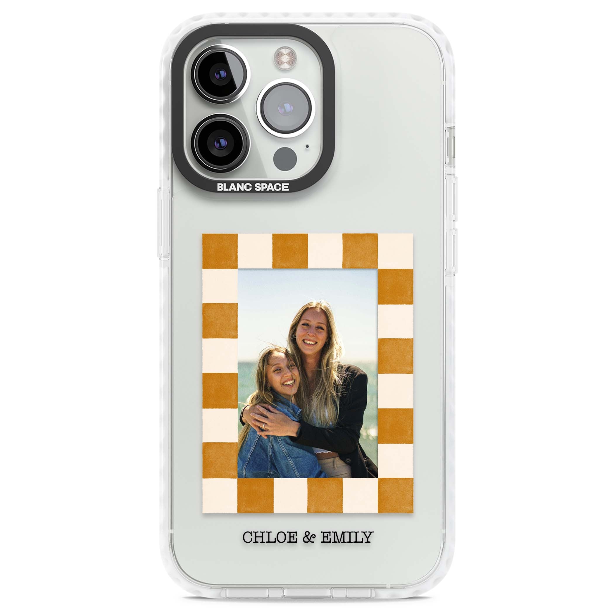 Citrus Check Photo personalised iPhone case with custom photo, orange checkered frame and names underneath | Clear Impact case for iPhone 13 Pro, iPhone 14 Pro, iPhone 15 Pro
