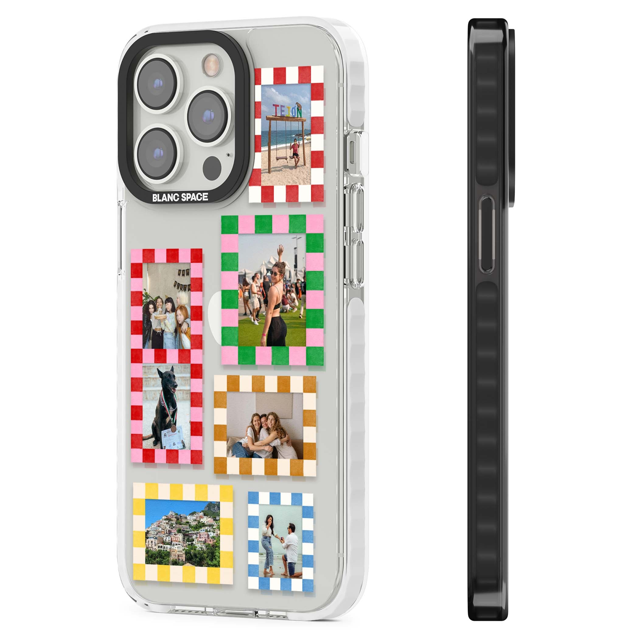 Italian Check Frames custom photo collage iPhone case featuring six checkered photo frames in red, green, pink and  | Clear Impact case for iPhone 13 Pro, iPhone 14 Pro, iPhone 15 Pro