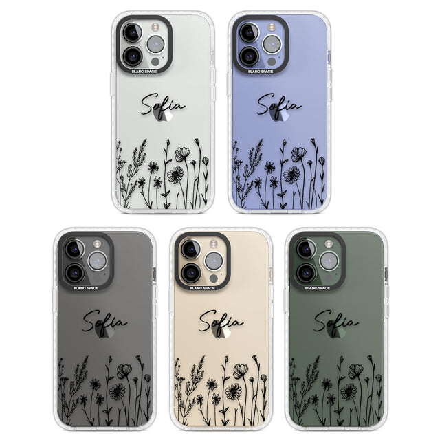 Personalised Black Wildflowers Clear Impact Phone Case for iPhone 13 Pro, iPhone 14 Pro, iPhone 15 Pro