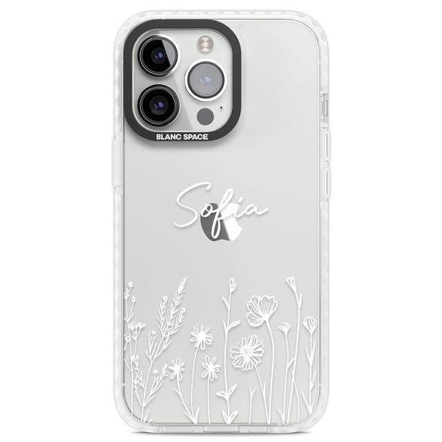 Personalised White Wildflowers Clear Impact Phone Case for iPhone 13 Pro, iPhone 14 Pro, iPhone 15 Pro