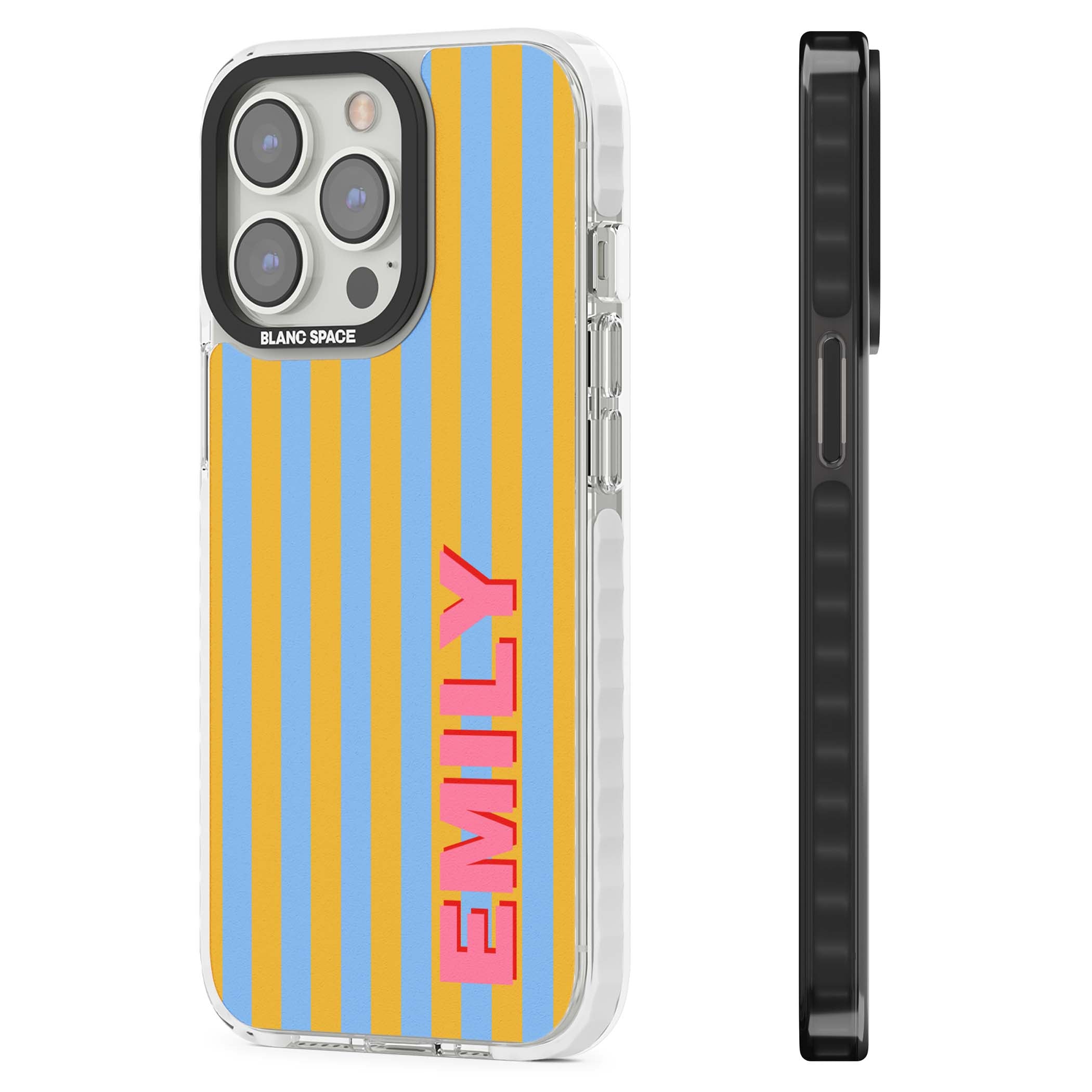 Carribean Stripe personalised coastal iPhone case with yellow and blue vertical stripes and a custom pink name | Clear Impact case for iPhone 13 Pro, iPhone 14 Pro, iPhone 15 Pro