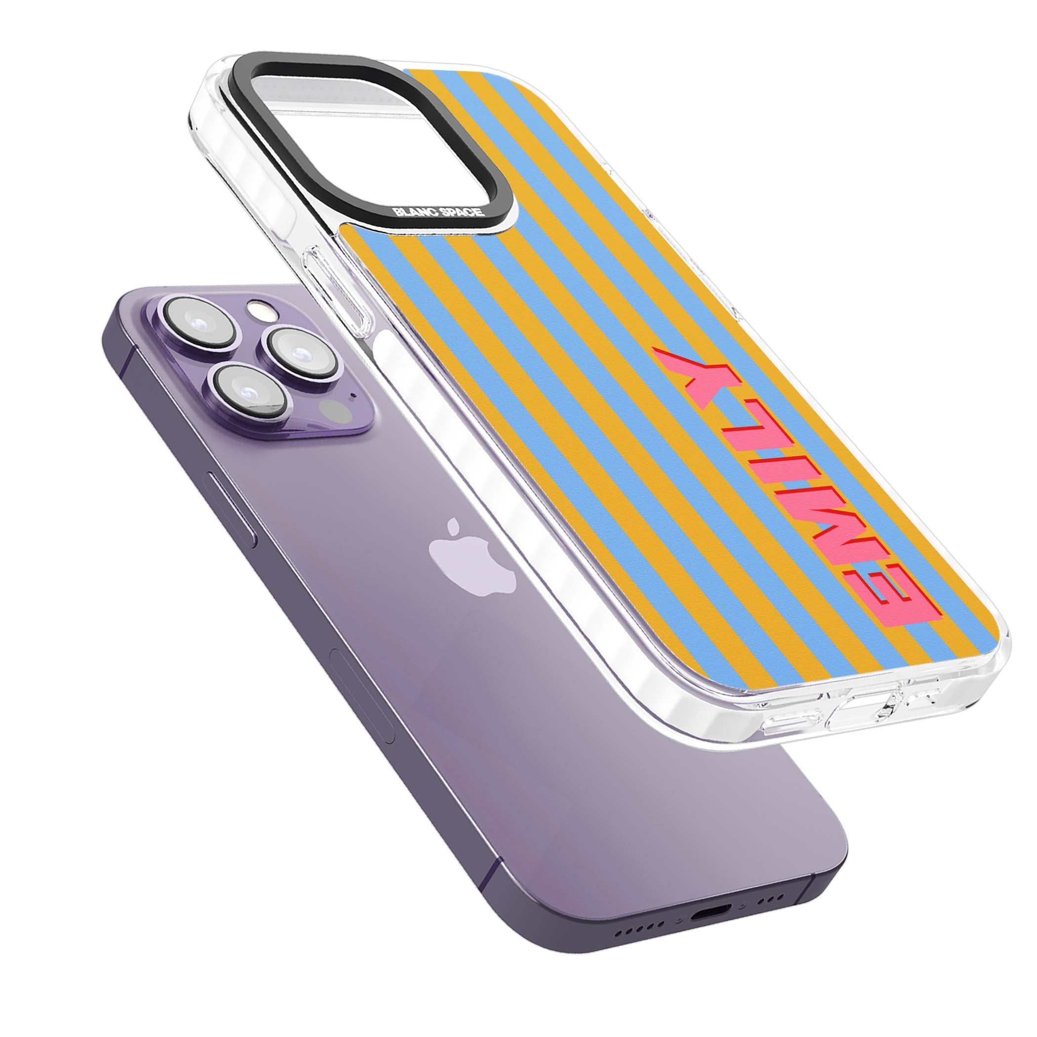 Carribean Stripe personalised coastal iPhone case with yellow and blue vertical stripes and a custom pink name | Clear Impact case for iPhone 13 Pro, iPhone 14 Pro, iPhone 15 Pro