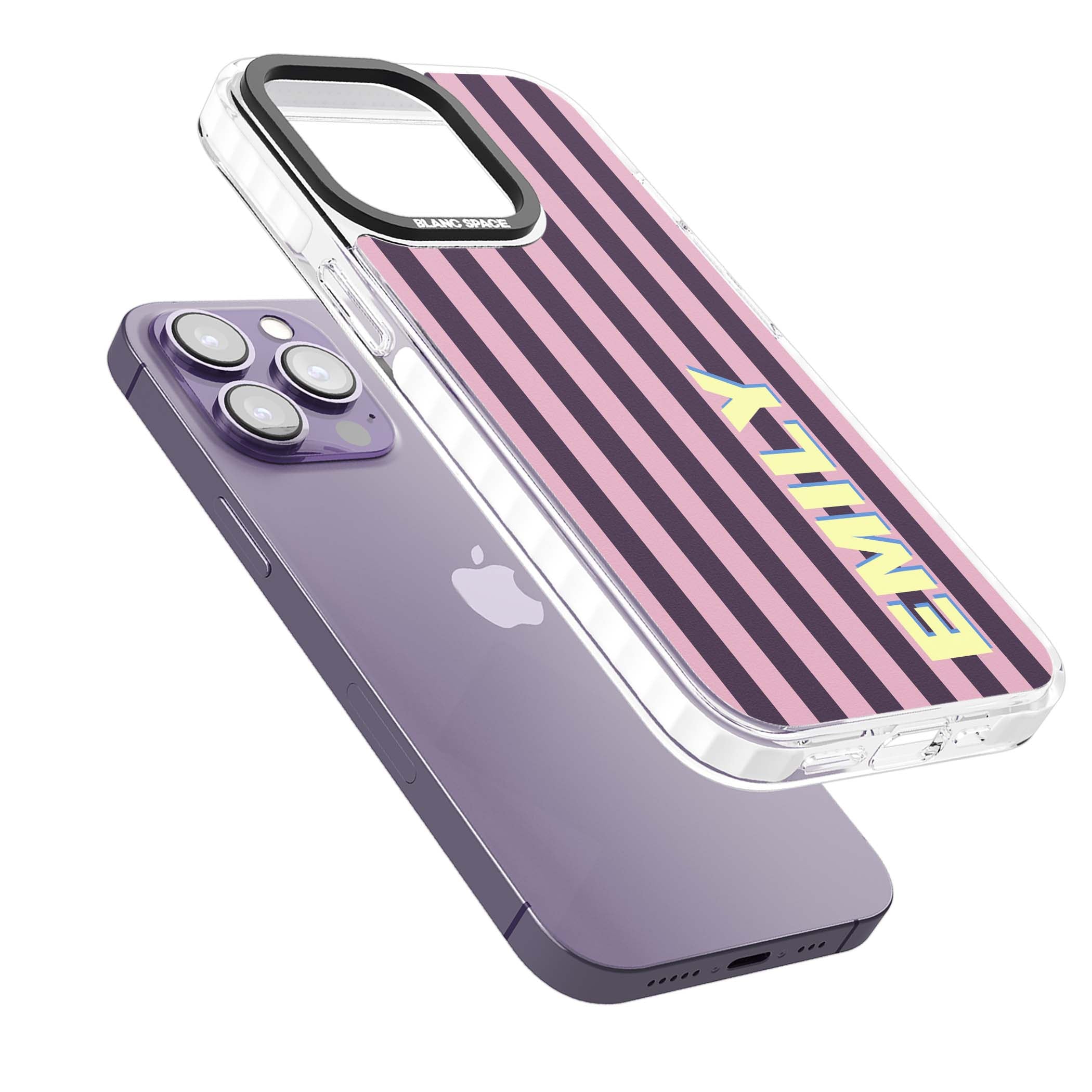 Tyre Stripe personalised stripe iPhone case with plum and pink vertical stripes and custom yellow name | Clear Impact case for iPhone 13 Pro, iPhone 14 Pro, iPhone 15 Pro
