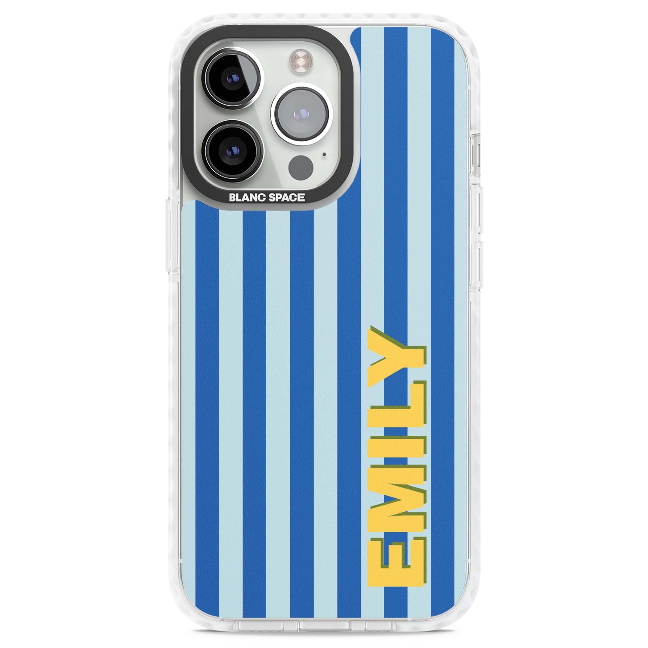 Athenian Stripe personalised preppy iPhone case featuring blue vertical stripes and a custom yellow name | Clear Impact case for iPhone 13 Pro, iPhone 14 Pro, iPhone 15 Pro