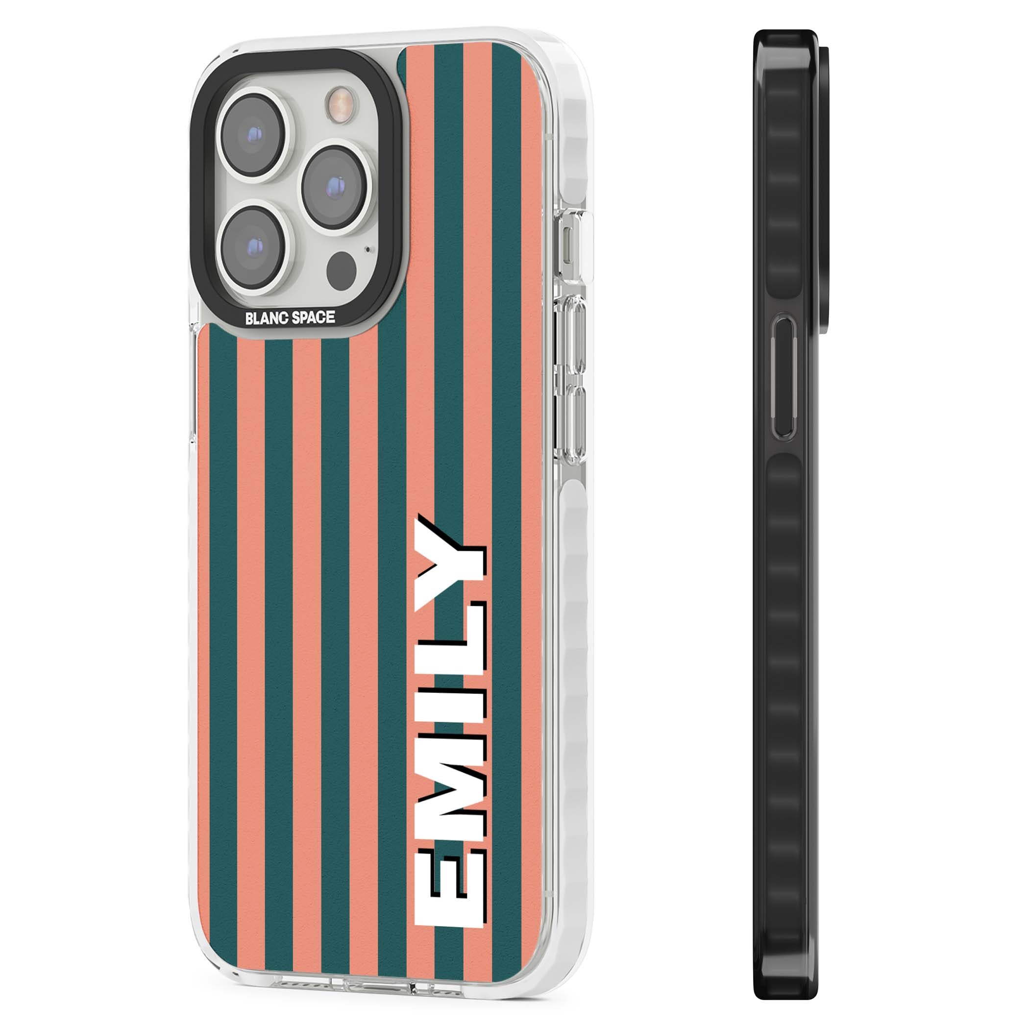Tuscan Stripe personalised iPhone case featuring coral and green vertical stripes with bold custom name | Clear Impact case for iPhone 13 Pro, iPhone 14 Pro, iPhone 15 Pro