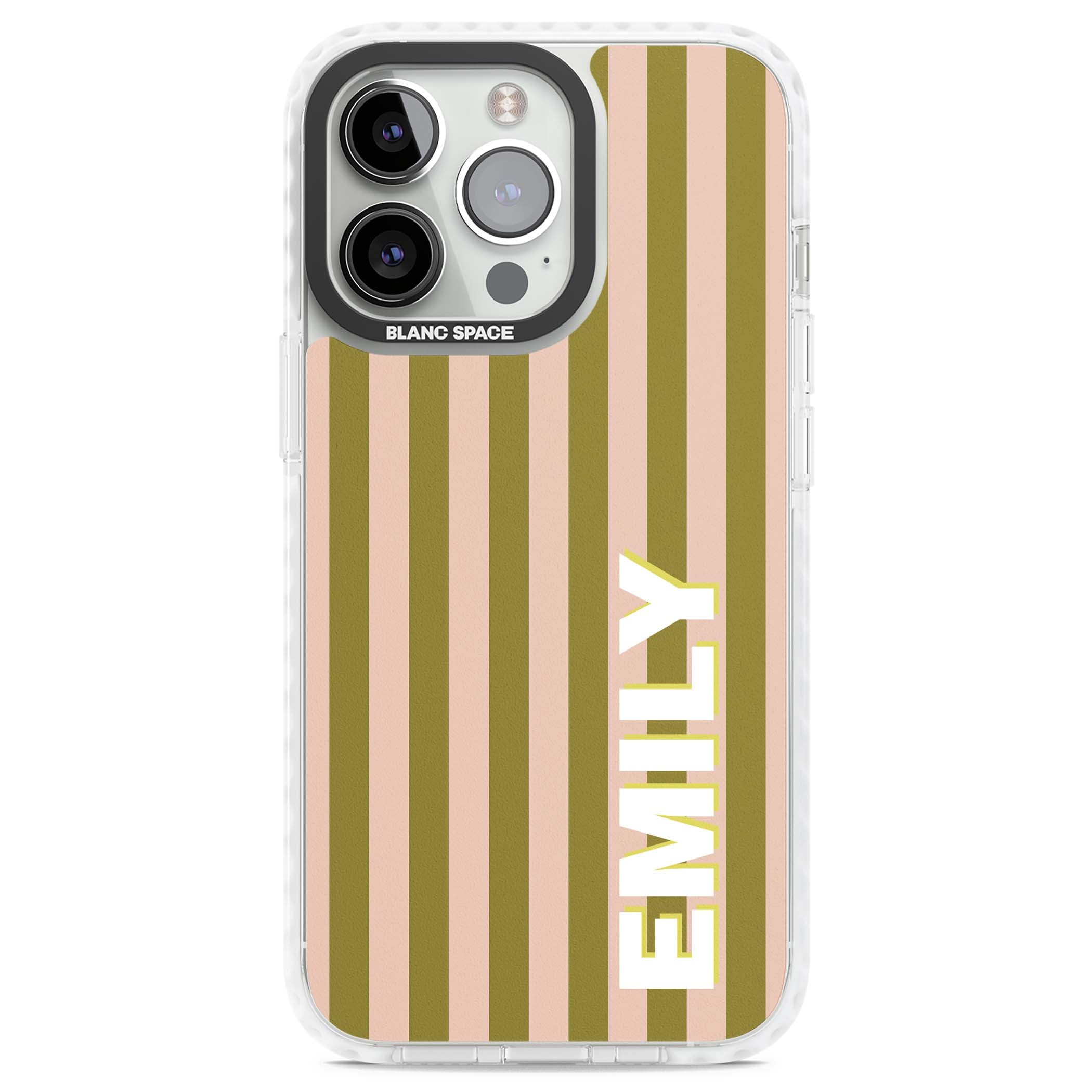 Indian Stripe personalised iPhone case featuring olive green and blush pink vertical stripes with custom name in whit | Clear Impact case for iPhone 13 Pro, iPhone 14 Pro, iPhone 15 Pro