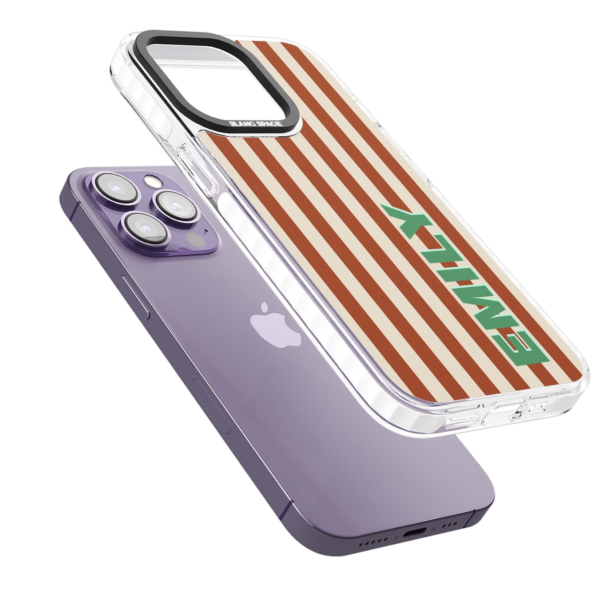 Dune Stripe personalised iPhone case with rust and cream vertical stripes and custom name in mint green | Clear Impact case for iPhone 13 Pro, iPhone 14 Pro, iPhone 15 Pro