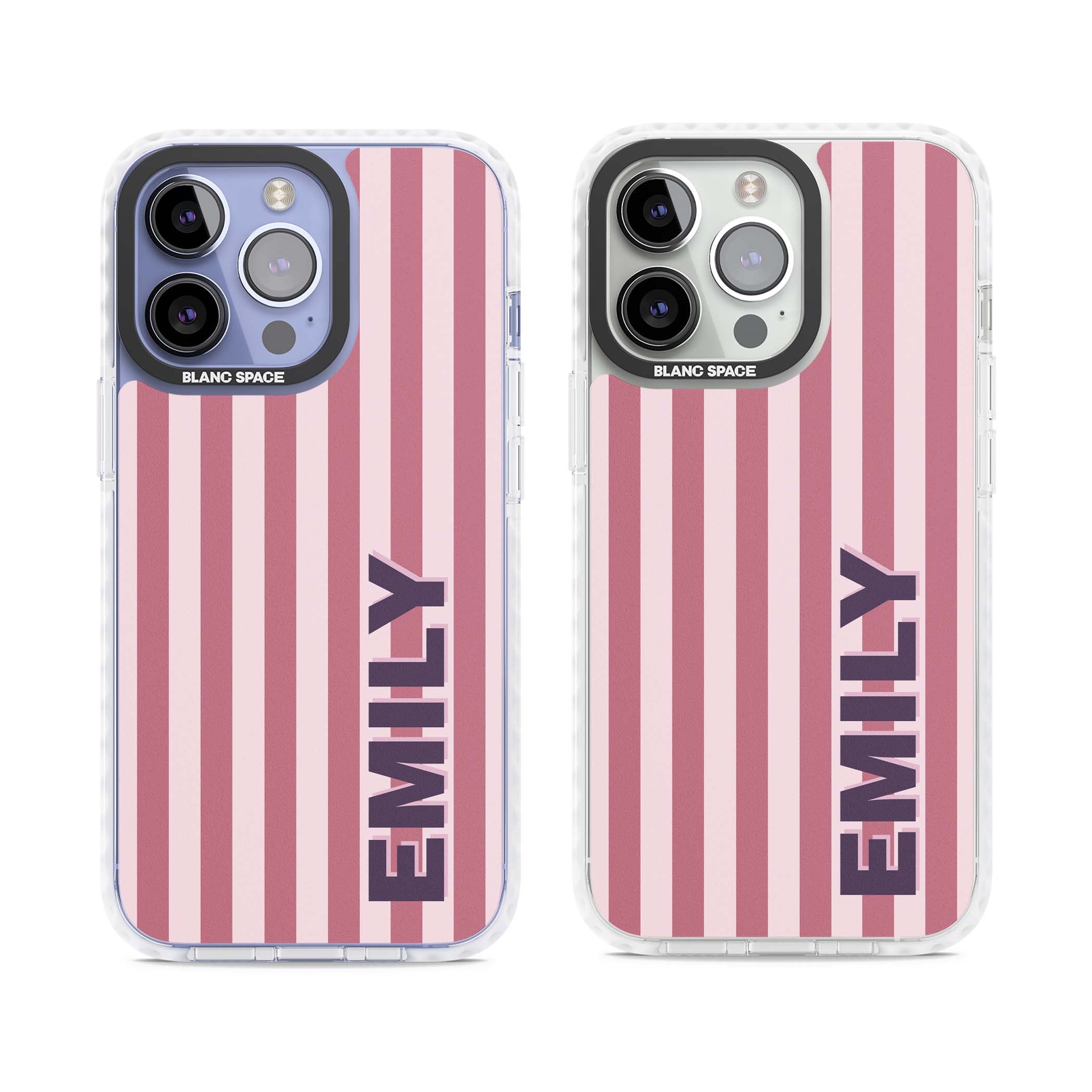 Victoria Stripe personalised iPhone case featuring pink vertical stripes and custom name in bold plum lettering | Clear Impact case for iPhone 13 Pro, iPhone 14 Pro, iPhone 15 Pro