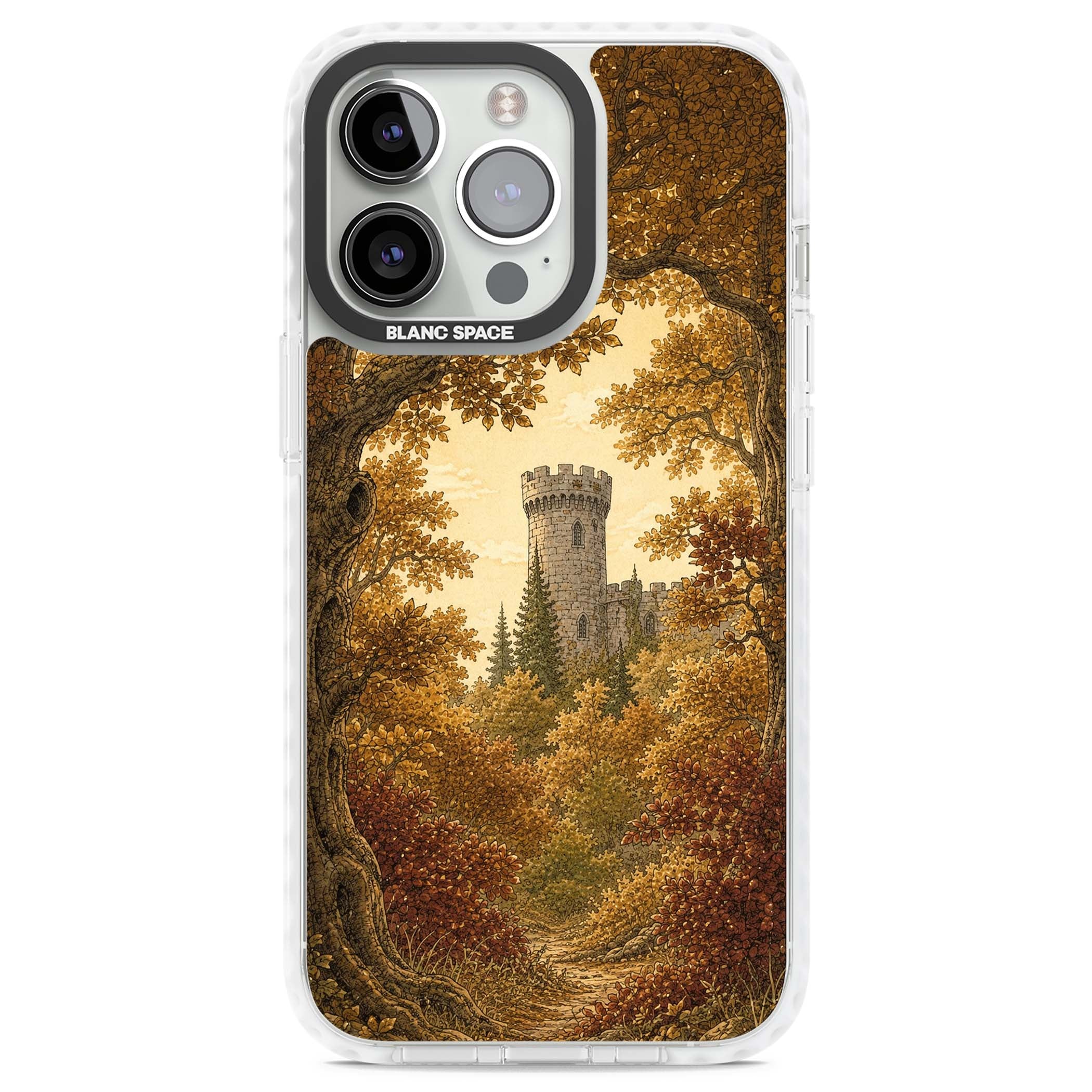 Autumn Keep cottagecore iPhone case featuring a medieval castle tower framed by golden autumn trees and woodland foliage | Clear Impact case for iPhone 13 Pro, iPhone 14 Pro, iPhone 15 Pro
