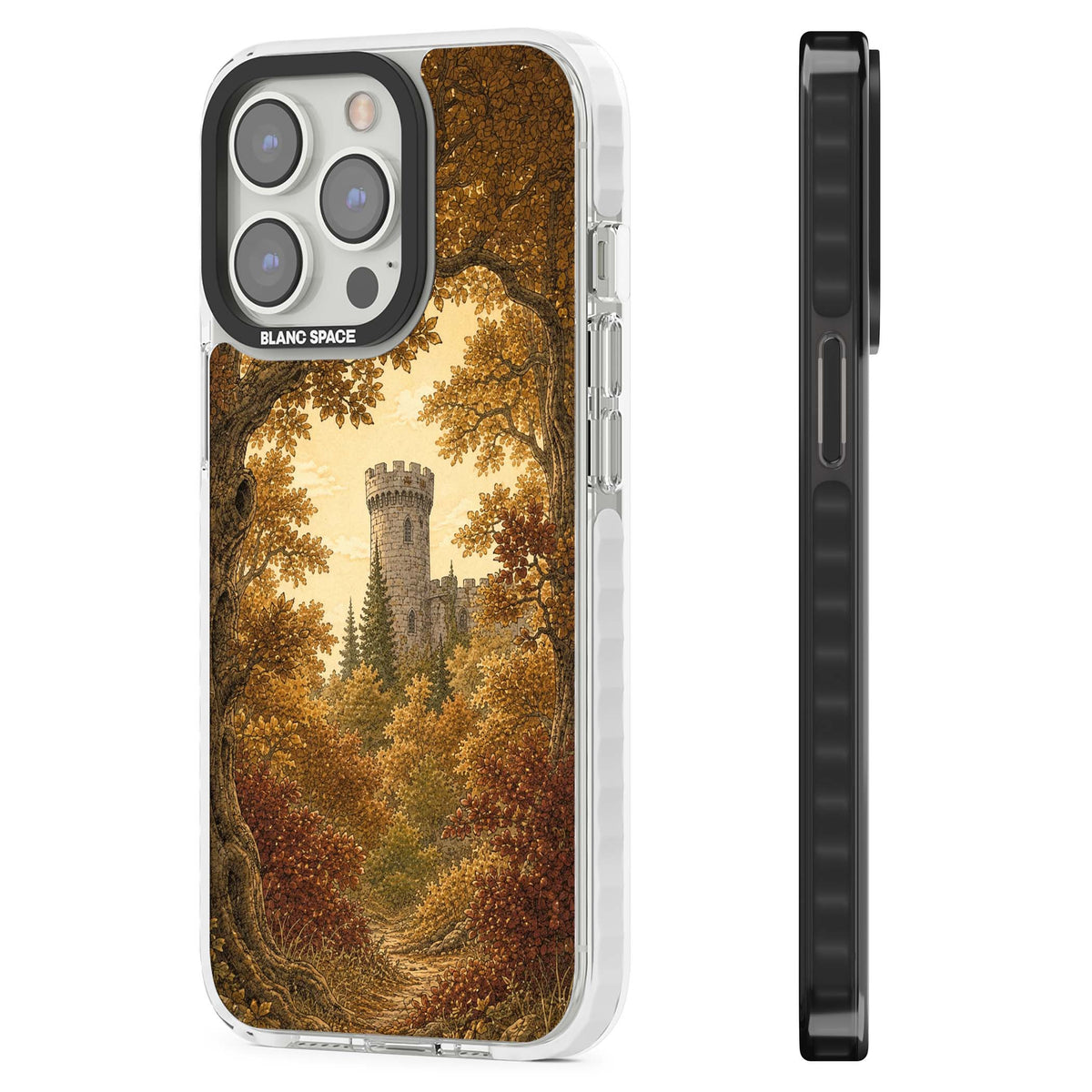 Autumn Keep cottagecore iPhone case featuring a medieval castle tower framed by golden autumn trees and woodland foliage | Clear Impact case for iPhone 13 Pro, iPhone 14 Pro, iPhone 15 Pro