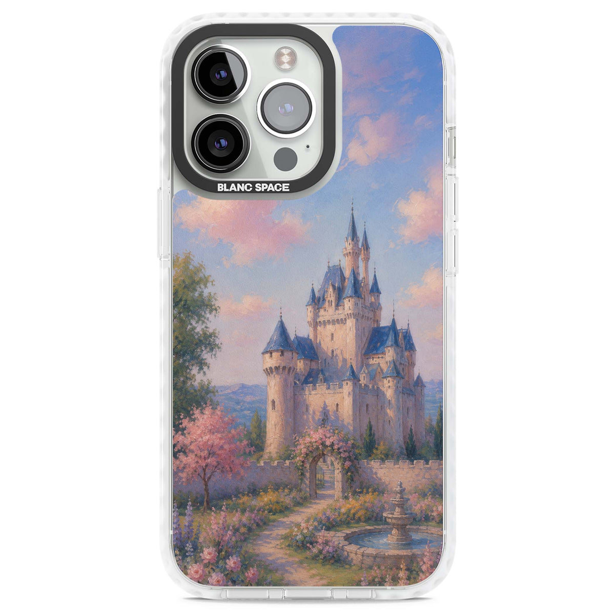 Enchanted Kingdom fairytale iPhone case featuring a romantic castle painting with cherry blossoms and pastel pink sky | Clear Impact case for iPhone 13 Pro, iPhone 14 Pro, iPhone 15 Pro