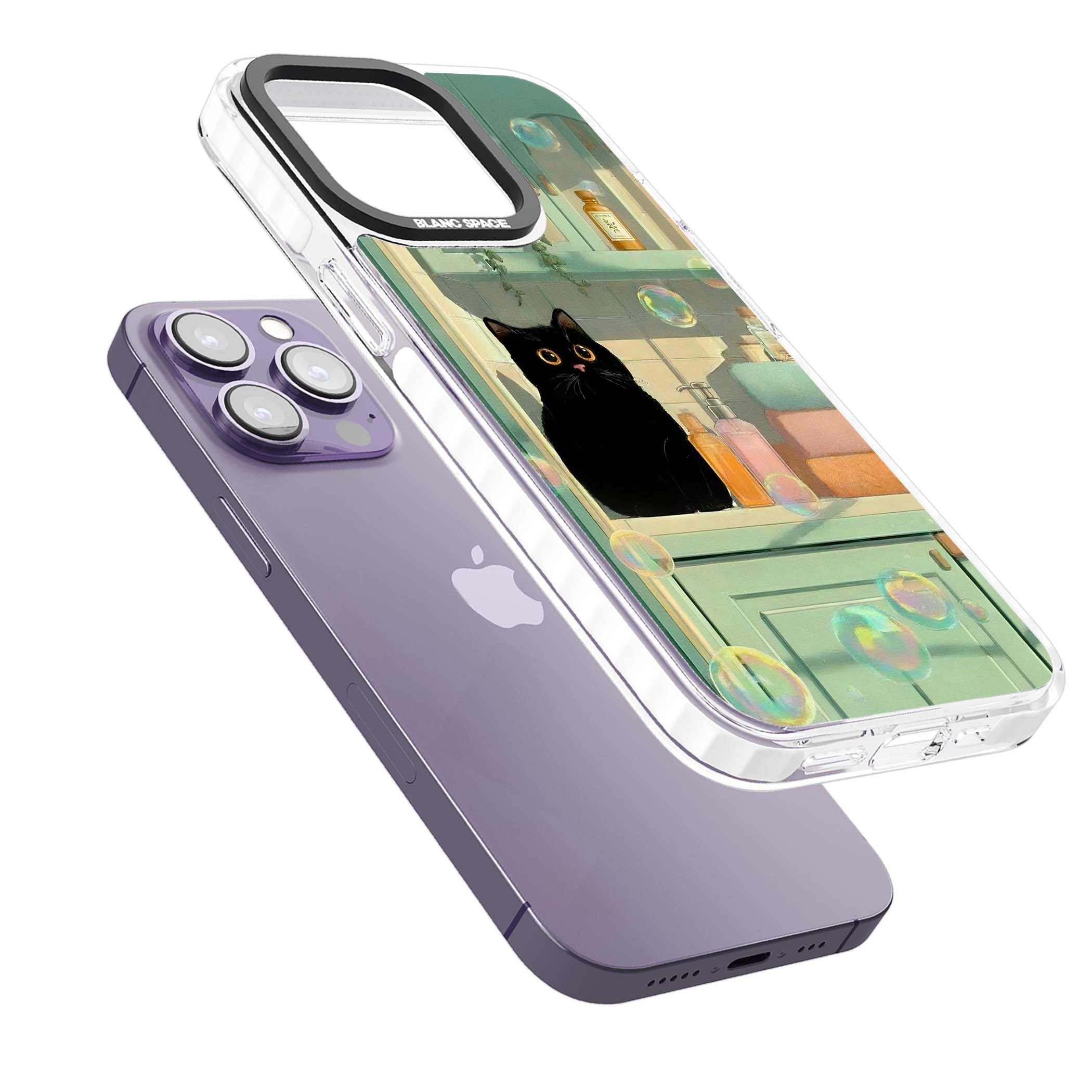 Bathroom Bubble Kitty cottagecore iPhone case featuring a black cat, mint bathroom scene and floating soap bubbles | Clear Impact case for iPhone 13 Pro, iPhone 14 Pro, iPhone 15 Pro