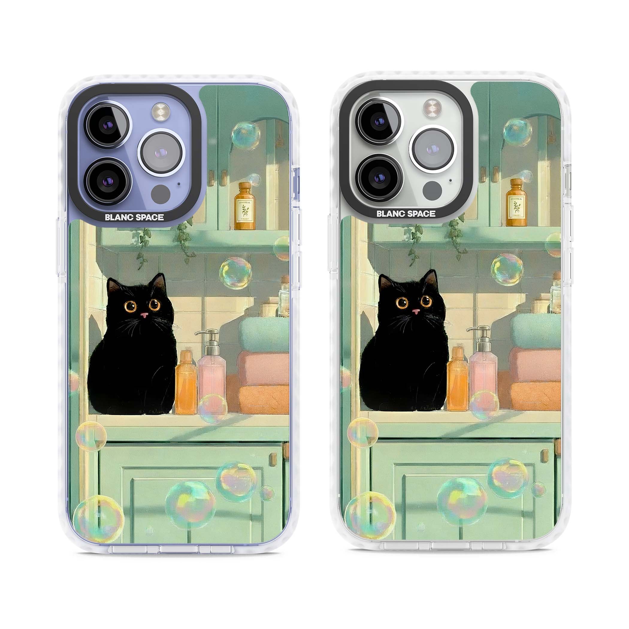 Bathroom Bubble Kitty cottagecore iPhone case featuring a black cat, mint bathroom scene and floating soap bubbles | Clear Impact case for iPhone 13 Pro, iPhone 14 Pro, iPhone 15 Pro