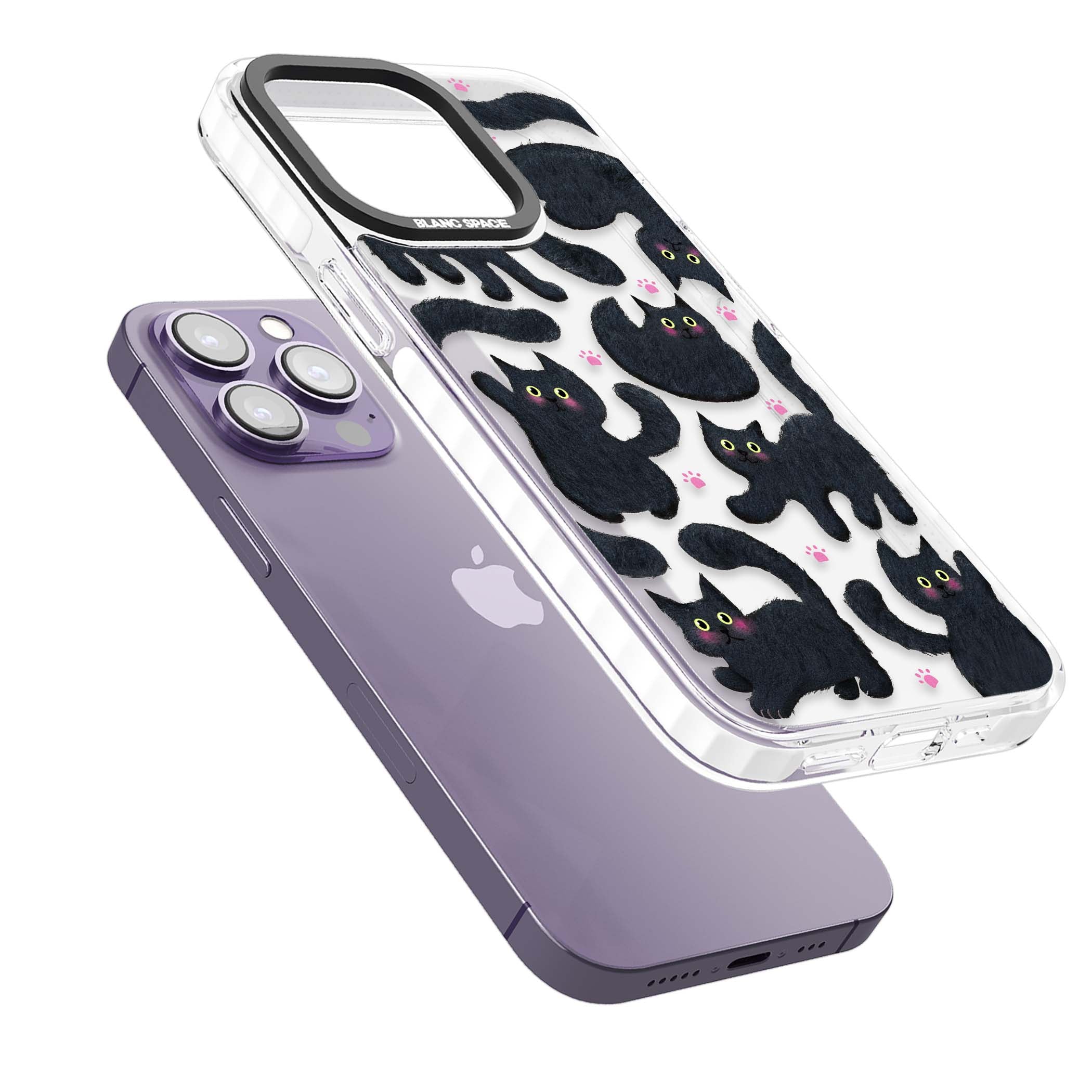 Midnight Cats cute iPhone case featuring black cat pattern with yellow eyes and pink paw prints | Clear Impact case for iPhone 13 Pro, iPhone 14 Pro, iPhone 15 Pro