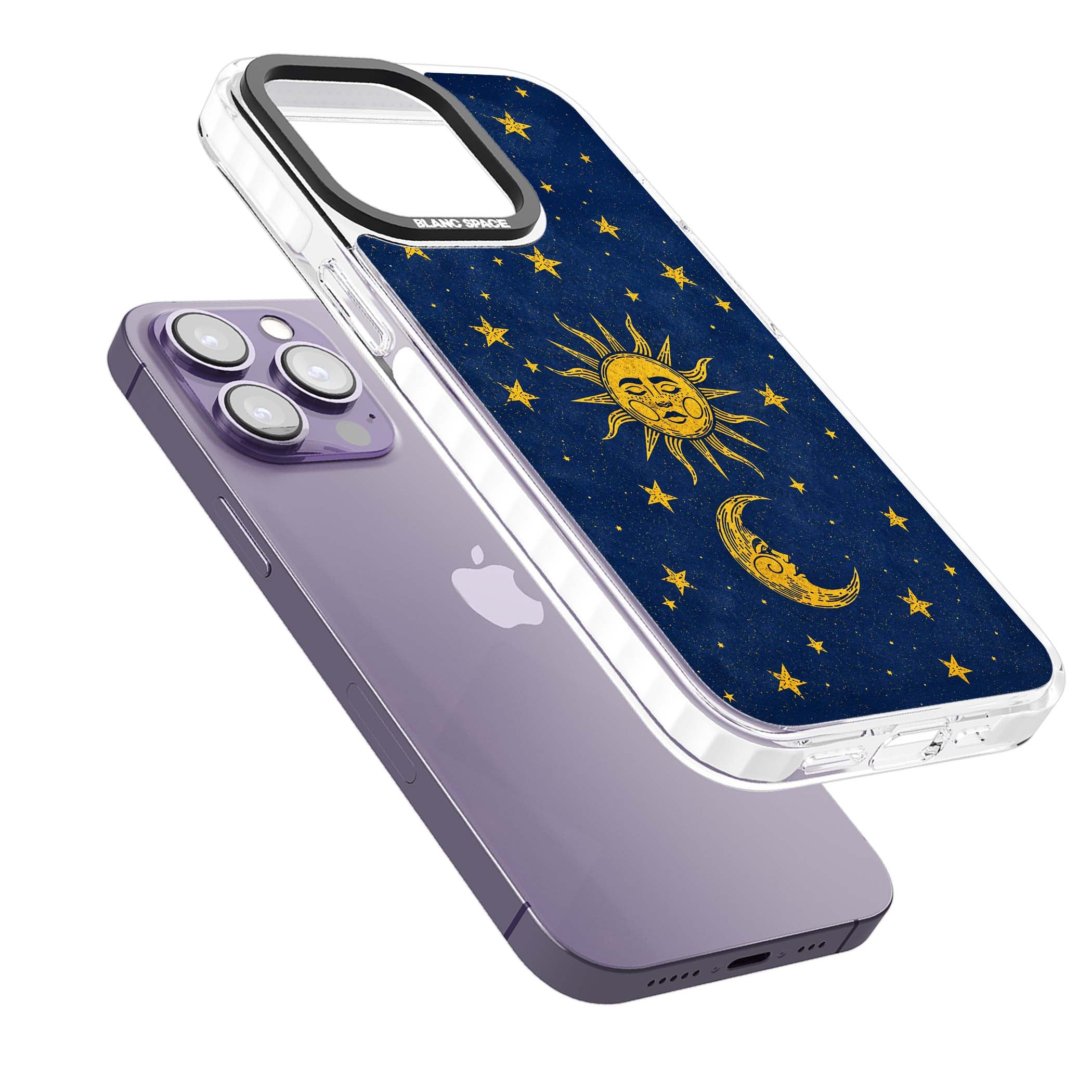 Sun & Moon Reverie celestial iPhone case featuring a vintage golden sun, crescent moon and scattered stars on midnight blue | Clear Impact case for iPhone 13 Pro, iPhone 14 Pro, iPhone 15 Pro