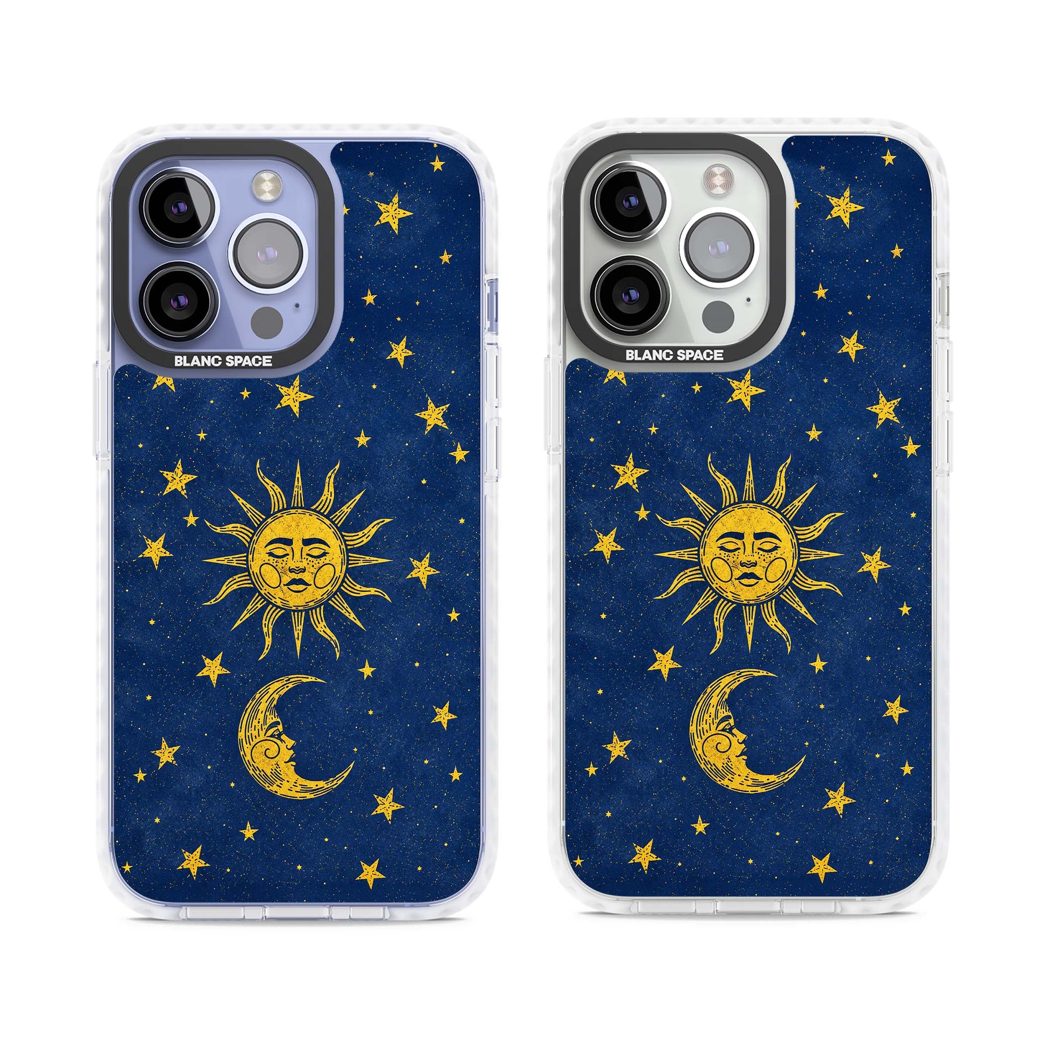 Sun & Moon Reverie celestial iPhone case featuring a vintage golden sun, crescent moon and scattered stars on midnight blue | Clear Impact case for iPhone 13 Pro, iPhone 14 Pro, iPhone 15 Pro