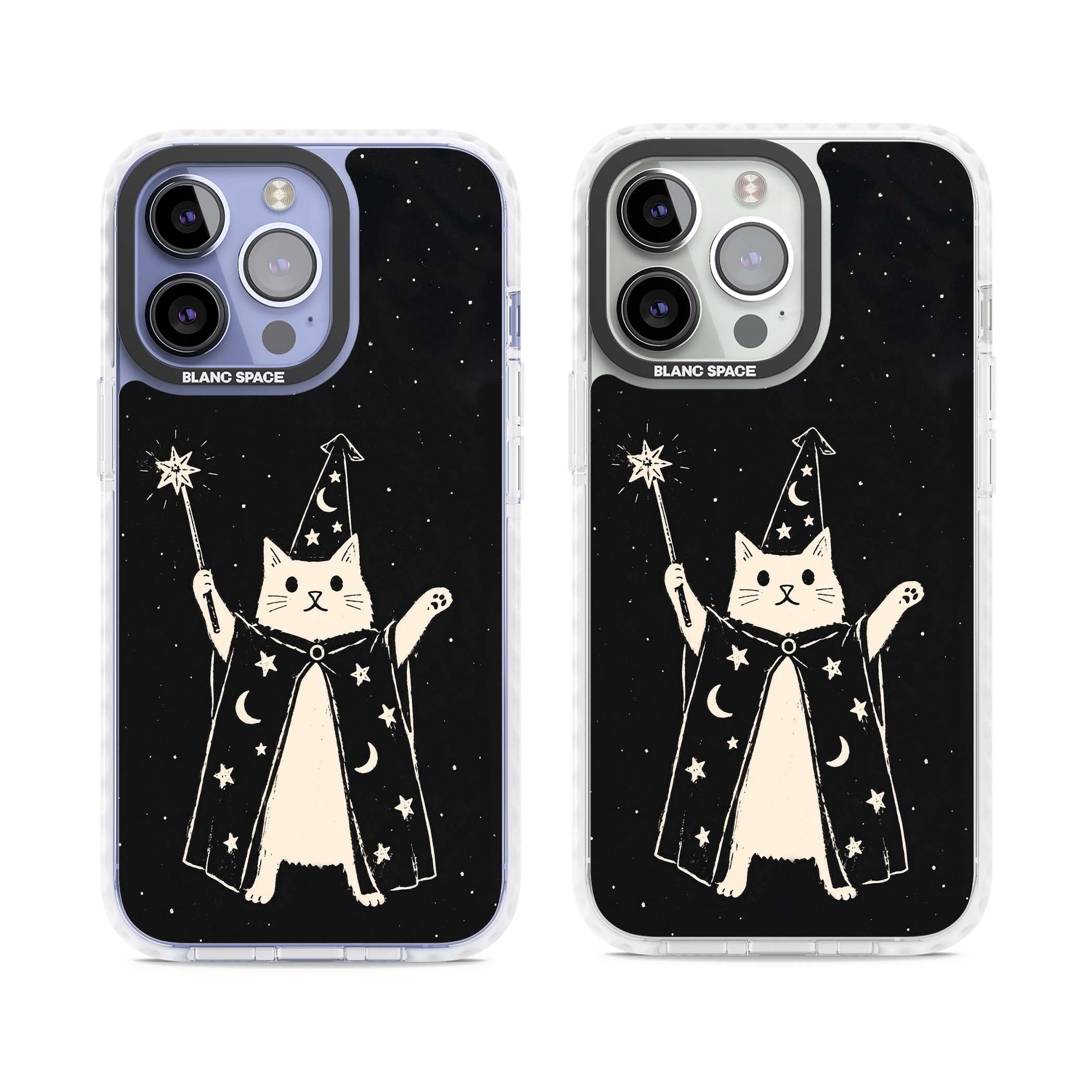 Whisker Wizard celestial cat iPhone case featuring a wizard cat with magic wand, starry night sky and crescent moons | Clear Impact case for iPhone 13 Pro, iPhone 14 Pro, iPhone 15 Pro