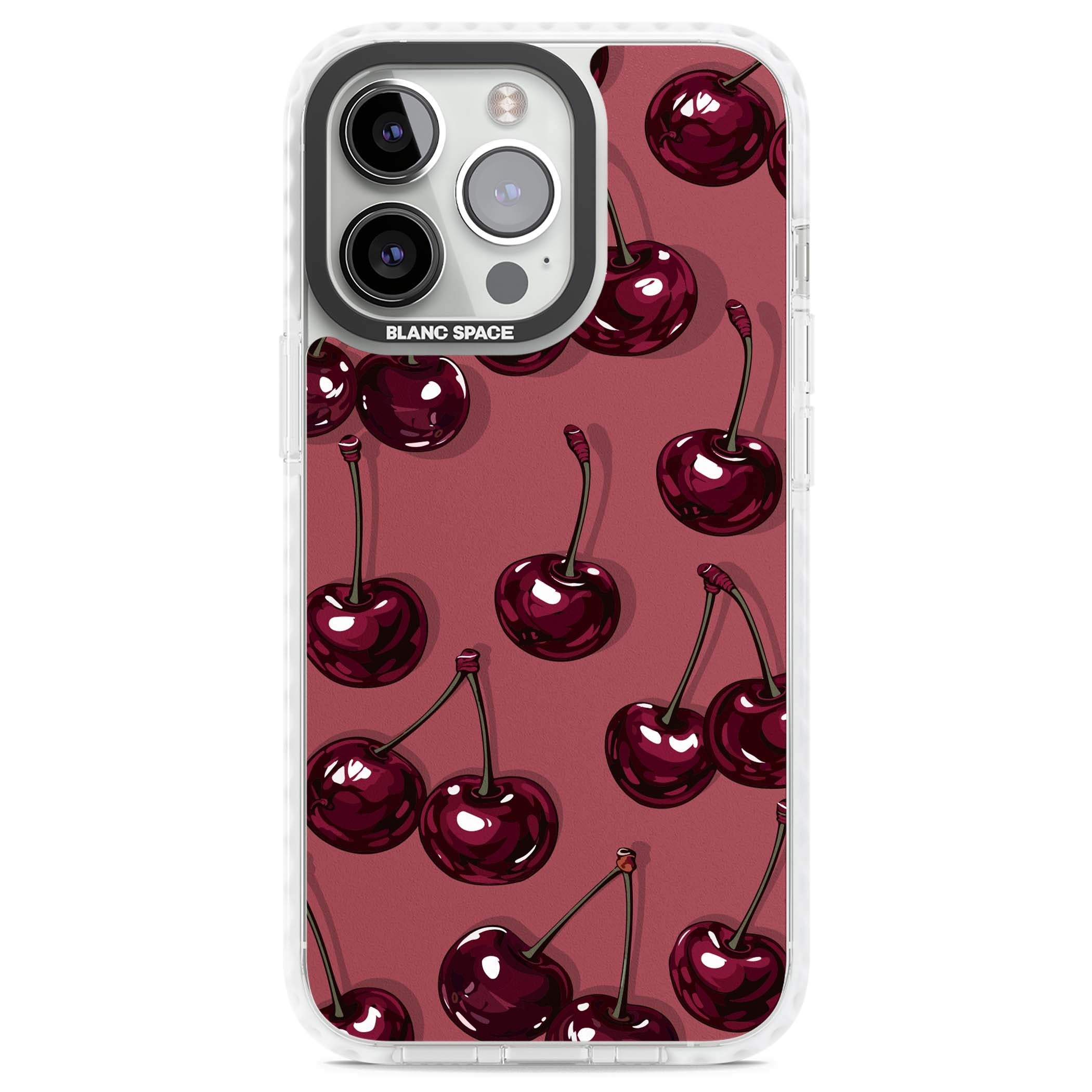 Cherry Rebel coquette iPhone case featuring glossy burgundy cherries on a dusty rose background | Clear Impact case for iPhone 13 Pro, iPhone 14 Pro, iPhone 15 Pro