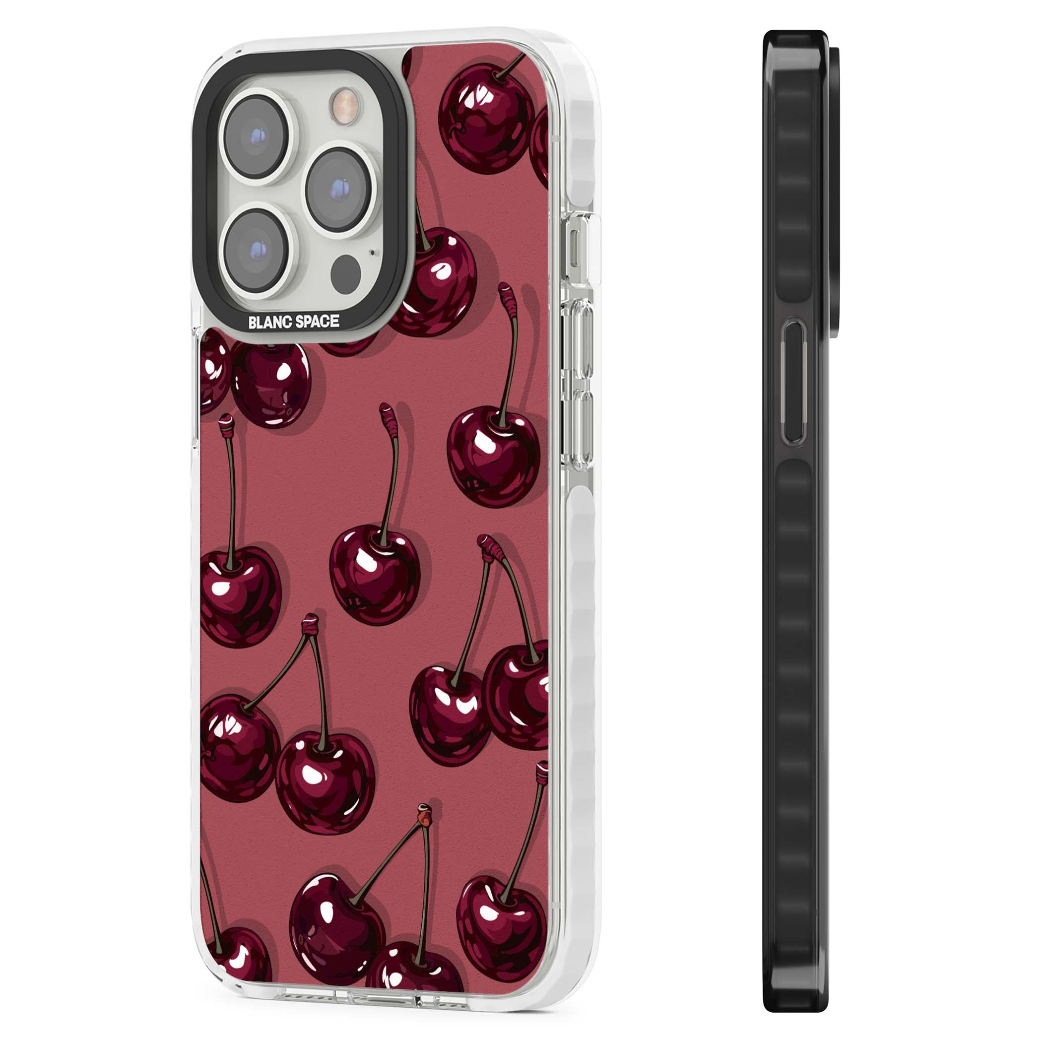 Cherry Rebel coquette iPhone case featuring glossy burgundy cherries on a dusty rose background | Clear Impact case for iPhone 13 Pro, iPhone 14 Pro, iPhone 15 Pro