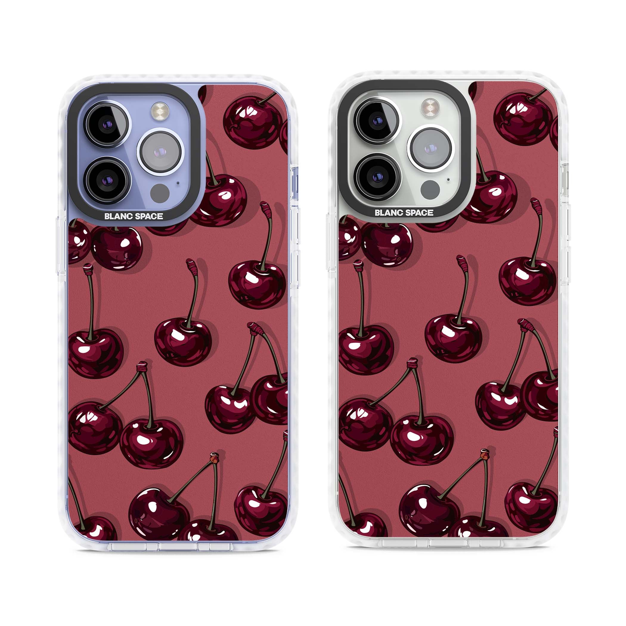 Cherry Rebel coquette iPhone case featuring glossy burgundy cherries on a dusty rose background | Clear Impact case for iPhone 13 Pro, iPhone 14 Pro, iPhone 15 Pro