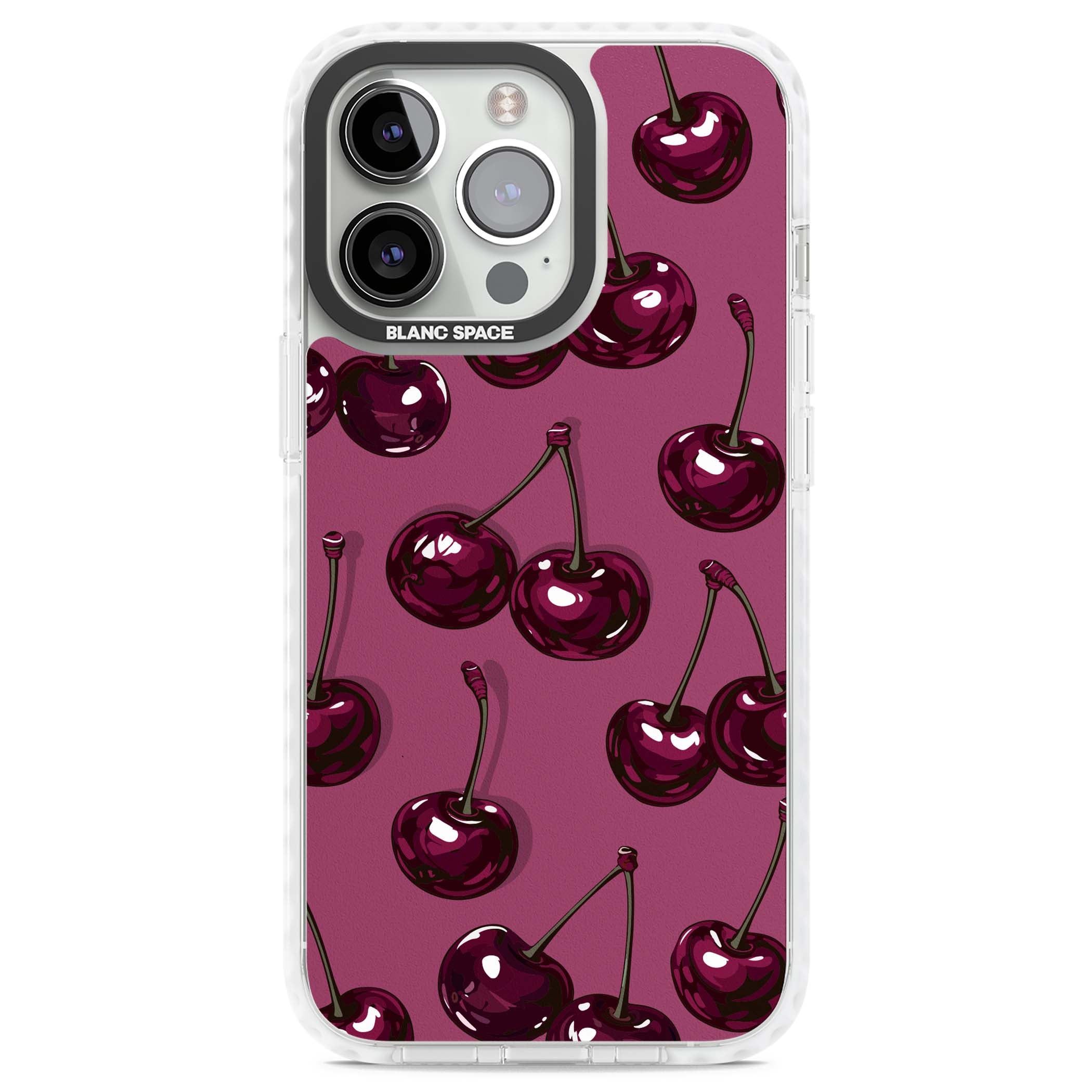 Cherry Soda coquette iPhone case featuring glossy burgundy cherries on a dusty pink background | Clear Impact case for iPhone 13 Pro, iPhone 14 Pro, iPhone 15 Pro