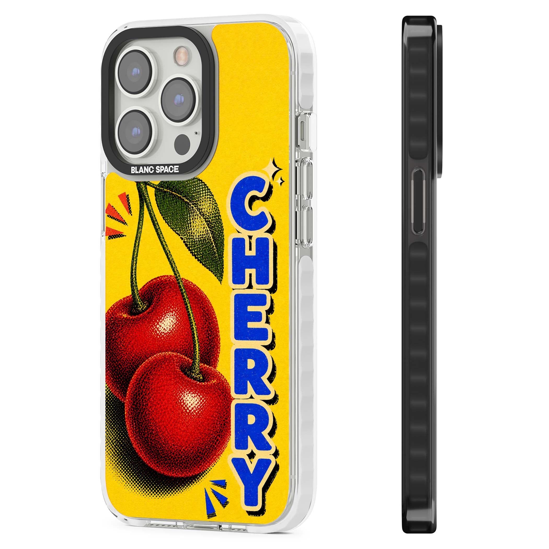 Cherry Yellow y2k iPhone case featuring two red cherries, halftone shading and bold blue CHERRY lettering on yellow | Clear Impact case for iPhone 13 Pro, iPhone 14 Pro, iPhone 15 Pro