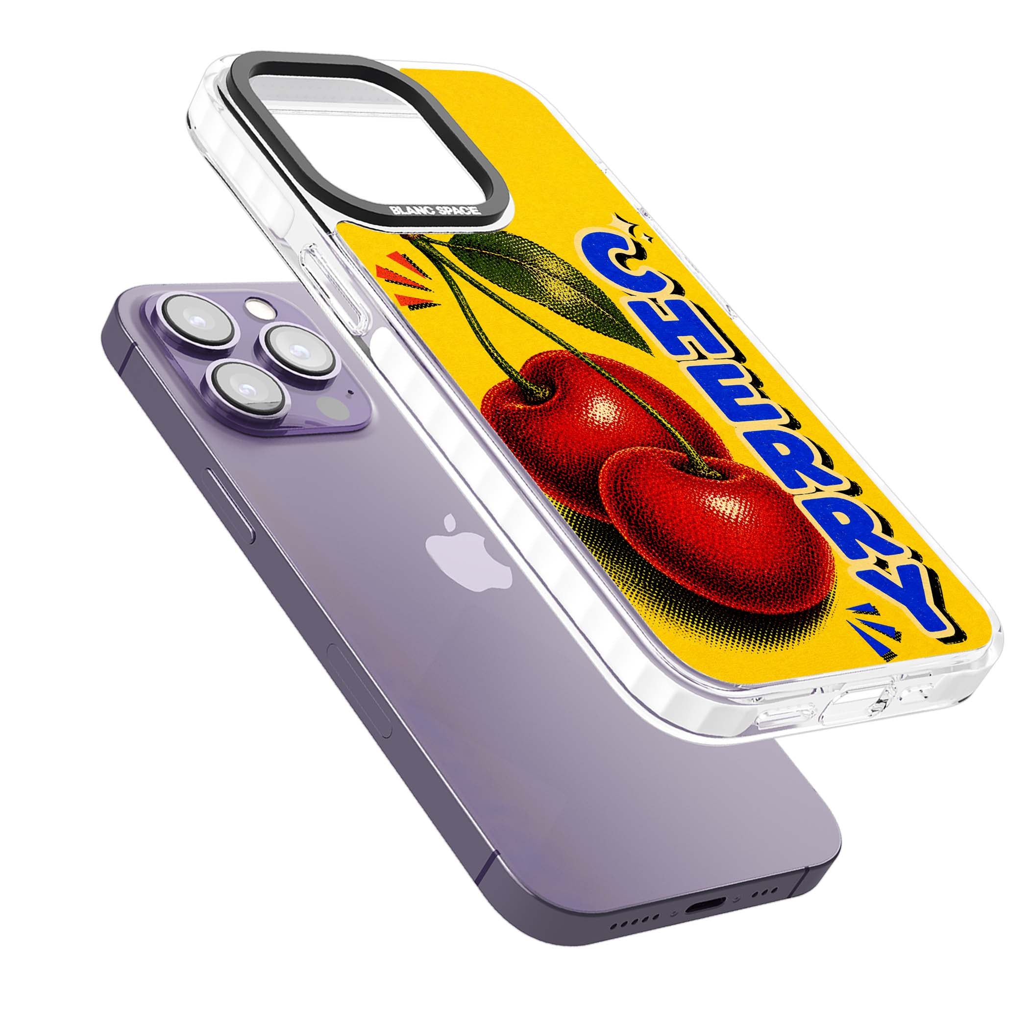 Cherry Yellow y2k iPhone case featuring two red cherries, halftone shading and bold blue CHERRY lettering on yellow | Clear Impact case for iPhone 13 Pro, iPhone 14 Pro, iPhone 15 Pro