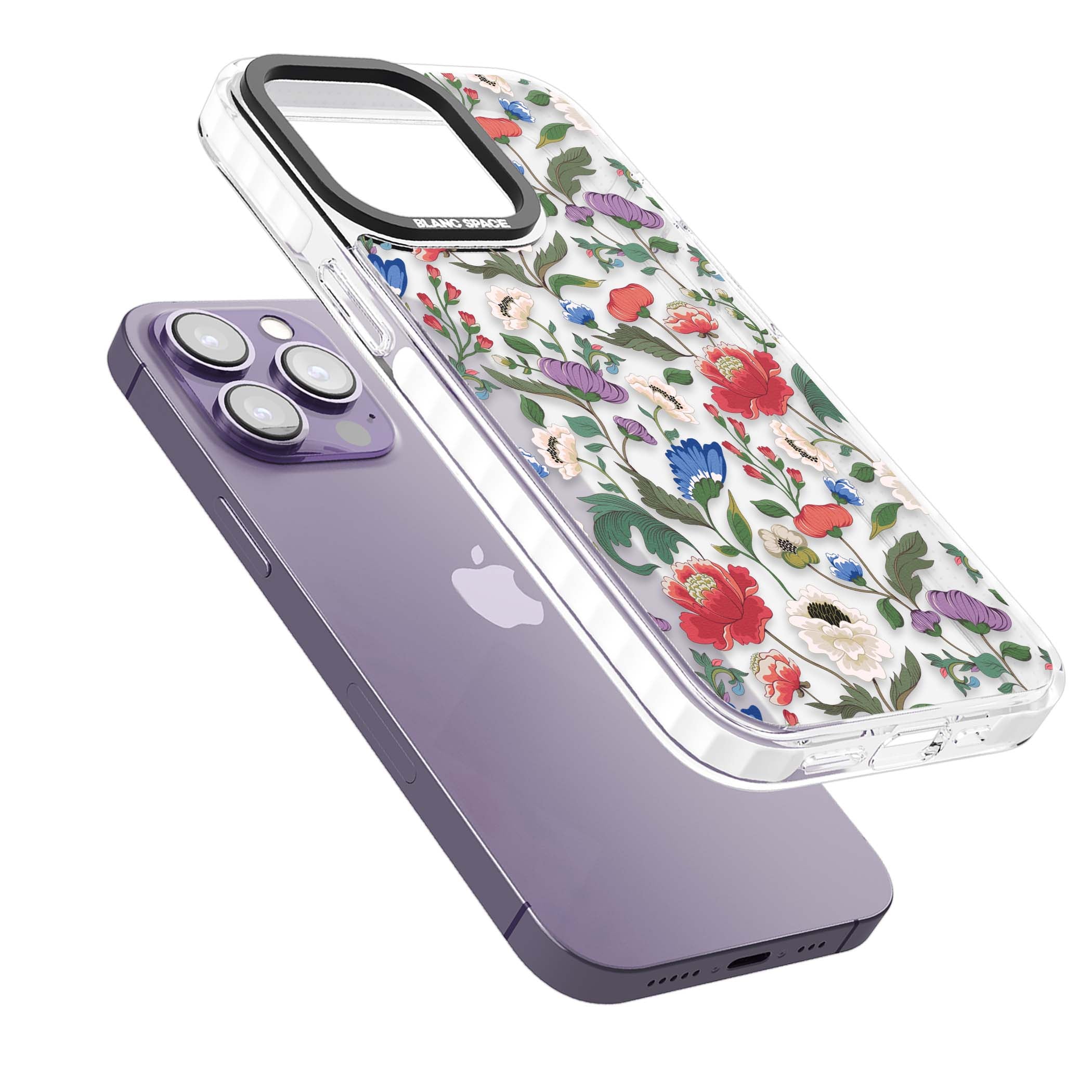 Chinoiserie Bloom vintage floral iPhone case featuring hand-painted peonies, poppies and trailing wildflowers on clear... | Clear Impact case for iPhone 13 Pro, iPhone 14 Pro, iPhone 15 Pro