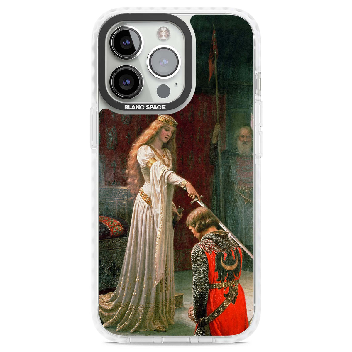 The Accolade renaissance art iPhone case featuring Edmund Blair Leighton's painting of a queen knighting a kneeling knight | Clear Impact case for iPhone 13 Pro, iPhone 14 Pro, iPhone 15 Pro