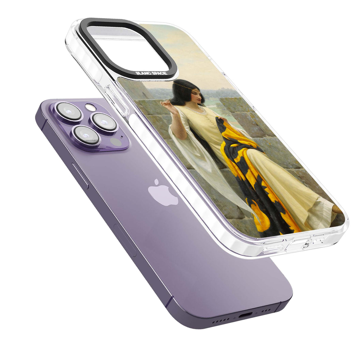 Stitching the Standard renaissance art iPhone case featuring a medieval lady sewing a golden banner on a castle wall | Clear Impact case for iPhone 13 Pro, iPhone 14 Pro, iPhone 15 Pro