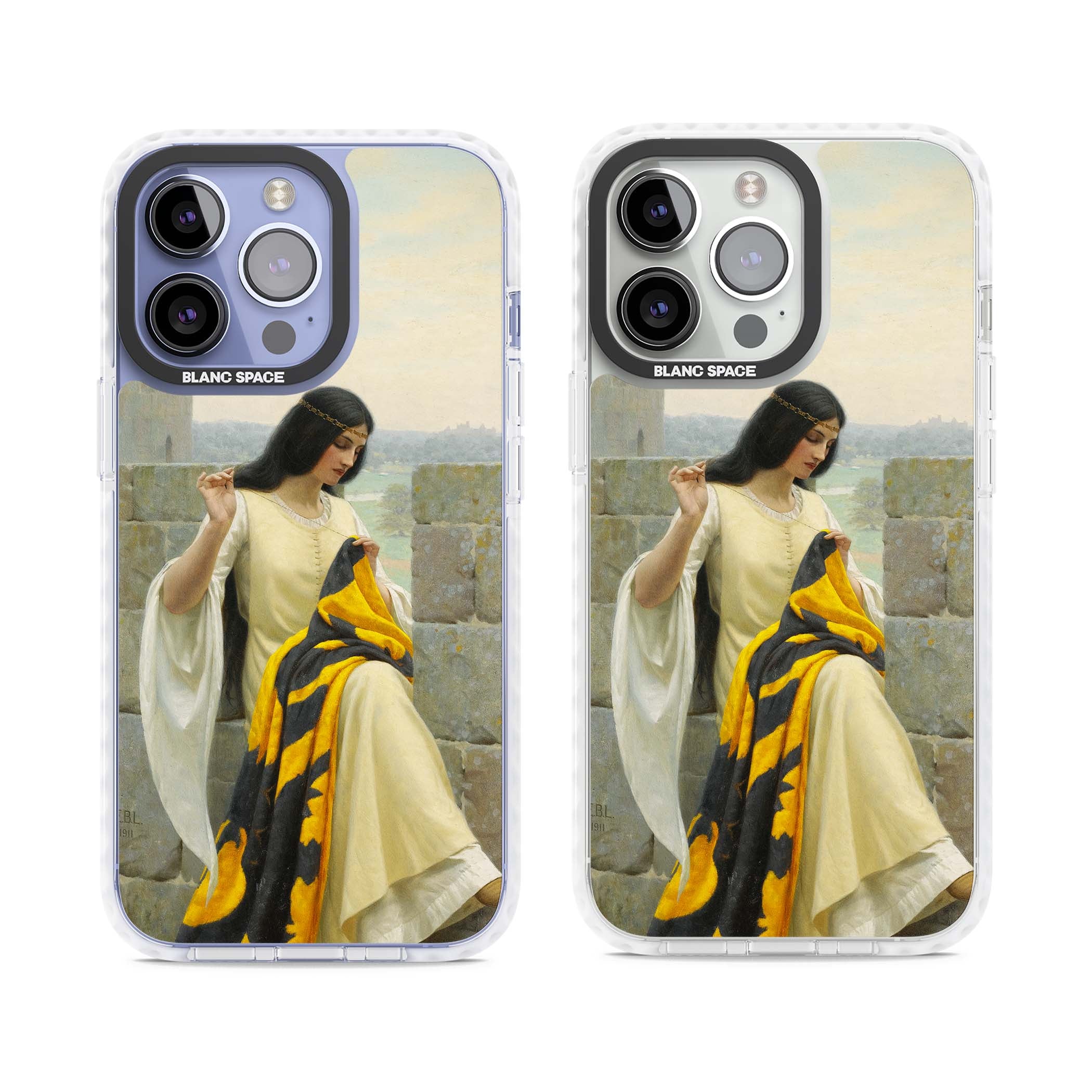 Stitching the Standard renaissance art iPhone case featuring a medieval lady sewing a golden banner on a castle wall | Clear Impact case for iPhone 13 Pro, iPhone 14 Pro, iPhone 15 Pro