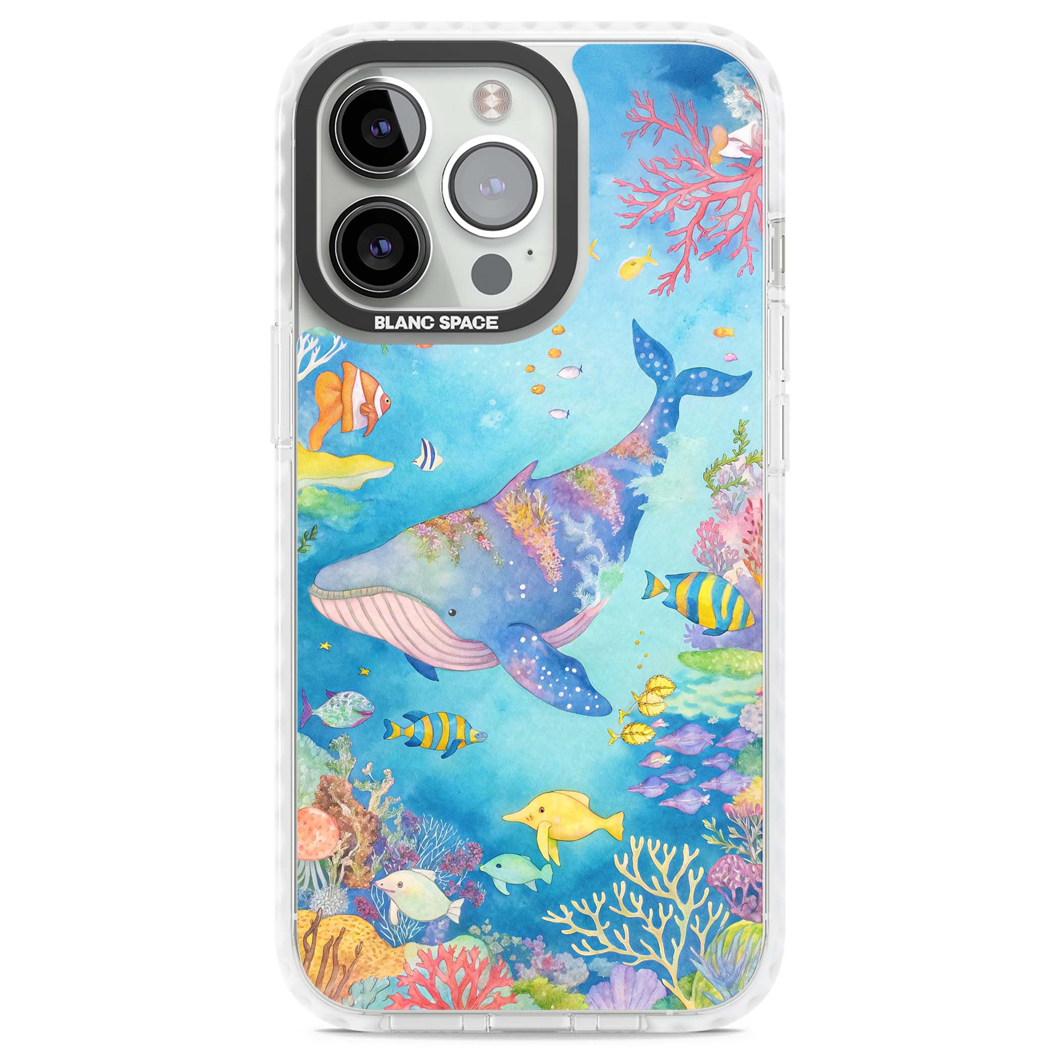 Coral Lagoon ocean iPhone case featuring a watercolour whale, coral reef and tropical fish | Clear Impact case for iPhone 13 Pro, iPhone 14 Pro, iPhone 15 Pro